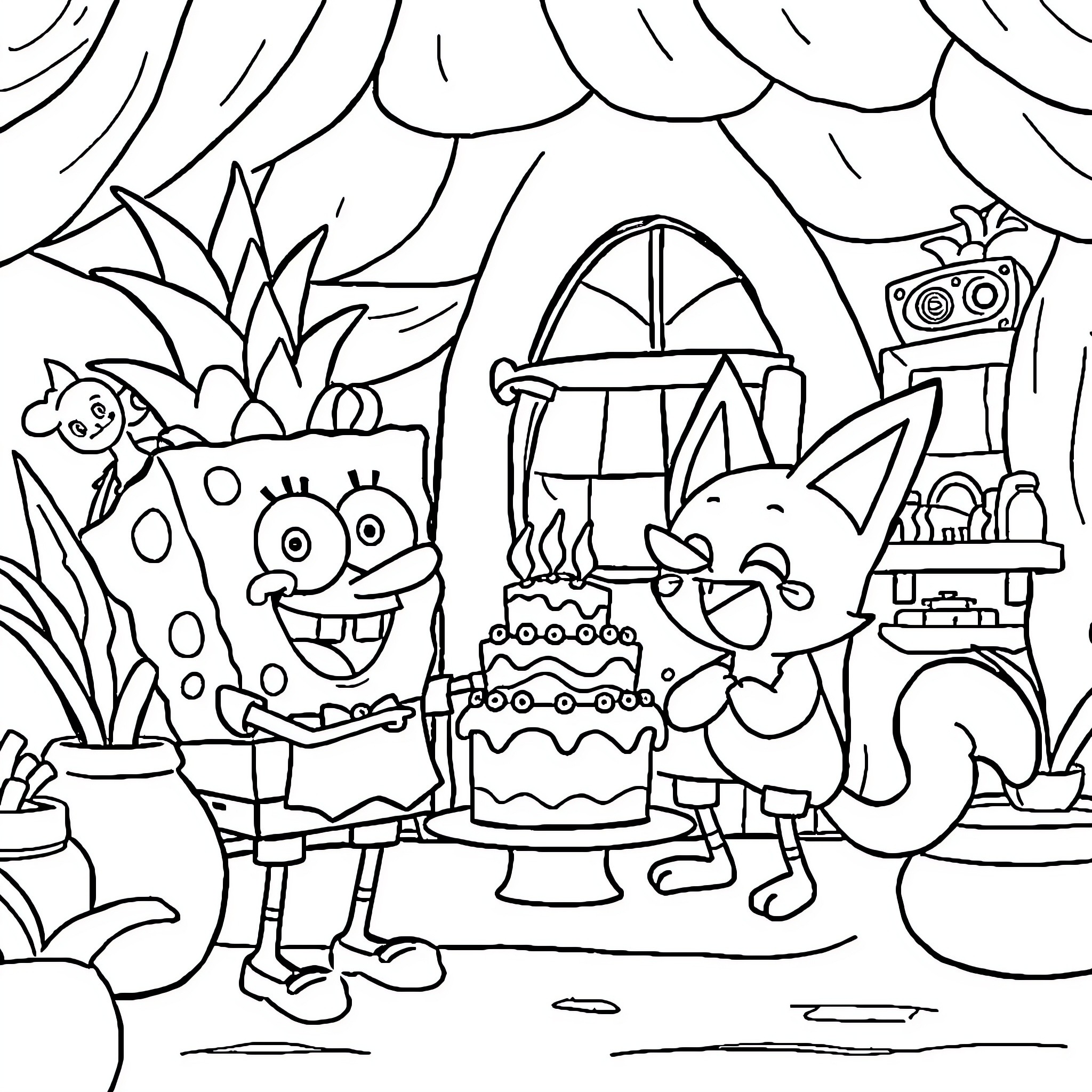 Spongebob and Friends Celebrate a Birthday Party Coloring Page (free black-and-white line drawing printable PDF for all, from beginners to advanced learners, including children, teens, adults, and seniors)