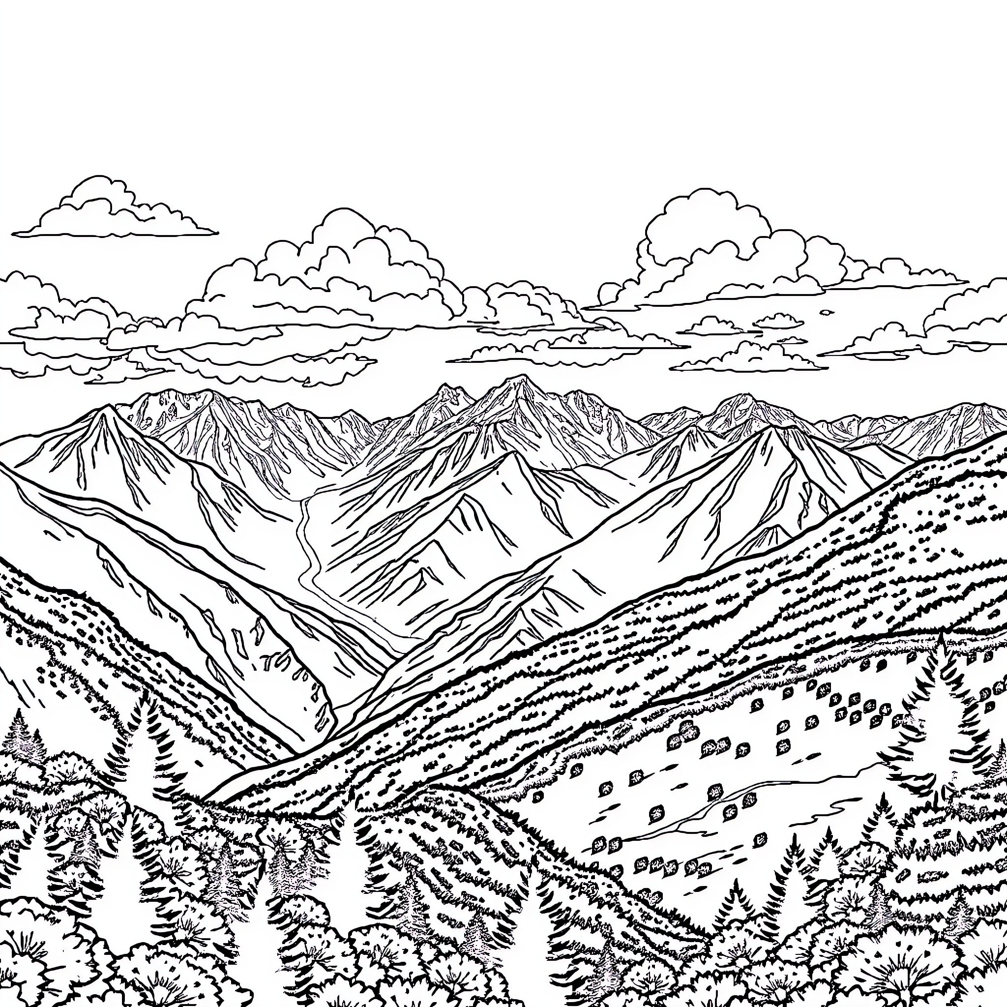 Landscape of Majestic Mountains and Cloudy Skies Coloring Page (free black-and-white line drawing printable PDF for all, from beginners to advanced learners, including children, teens, adults, and seniors)