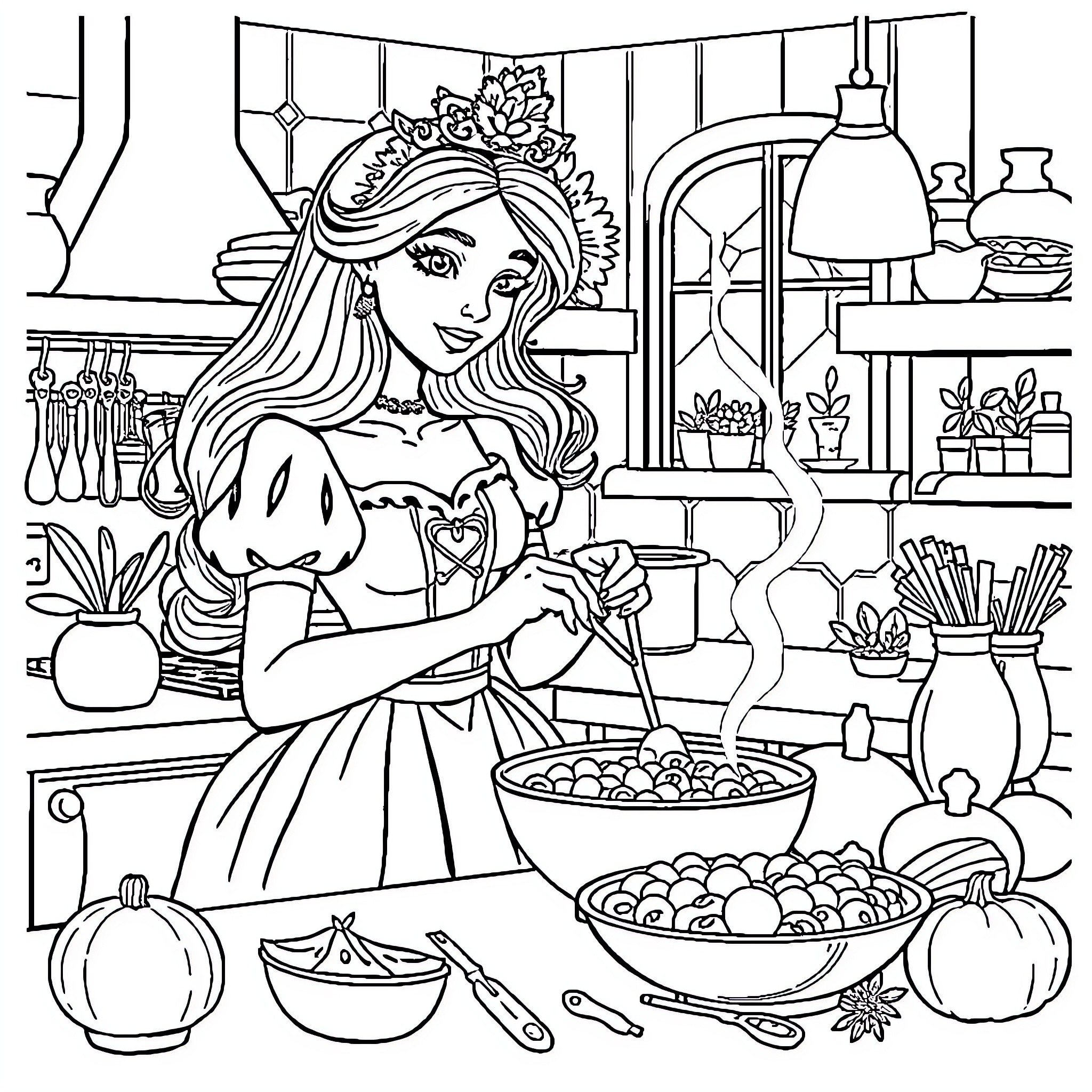 Princess Preparing a Meal in the Kitchen Coloring Page (free black-and-white line drawing printable PDF for all, from beginners to advanced learners, including children, teens, adults, and seniors)