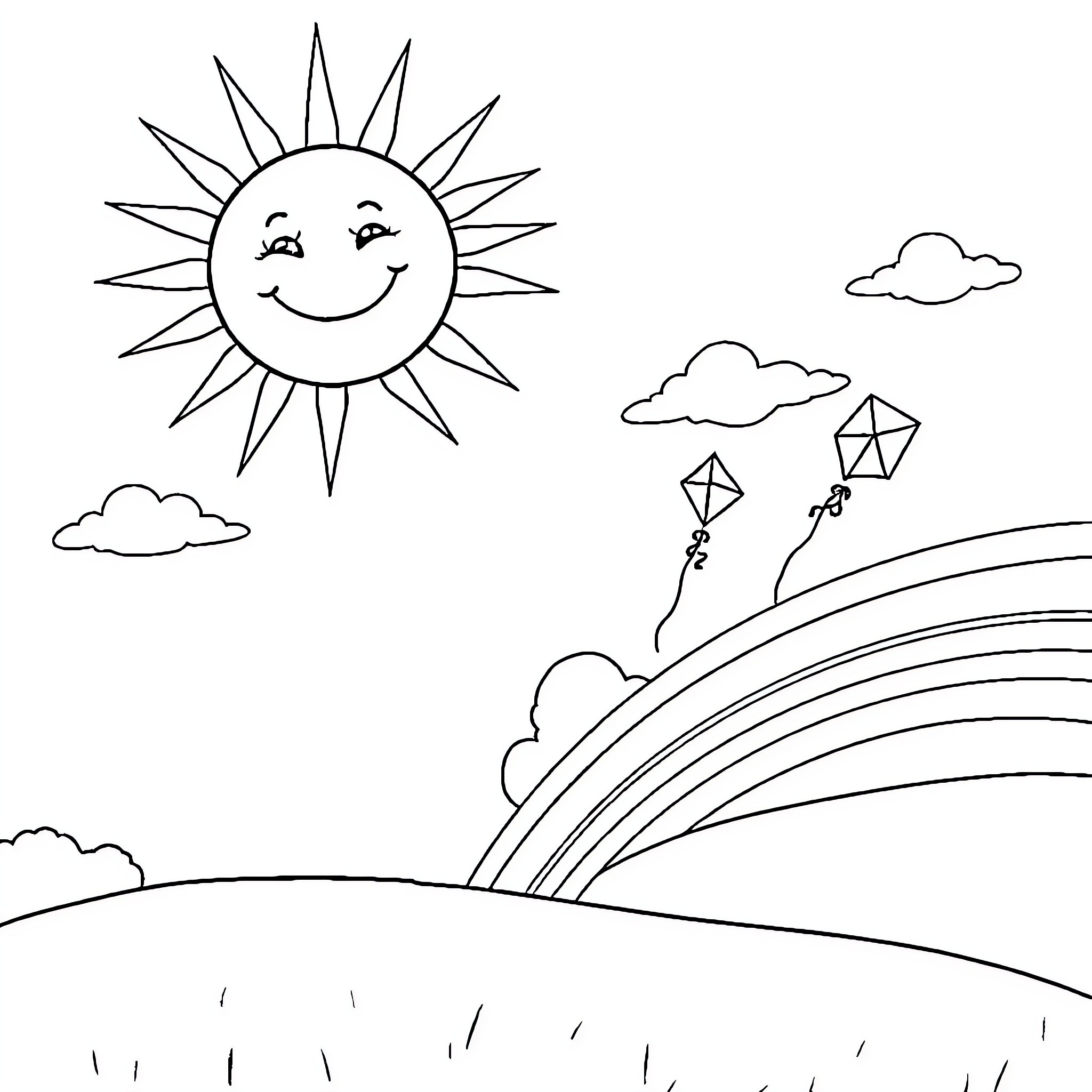Sun shining brightly over whimsical landscape Coloring Page (free black-and-white line drawing printable PDF for all, from beginners to advanced learners, including children, teens, adults, and seniors)