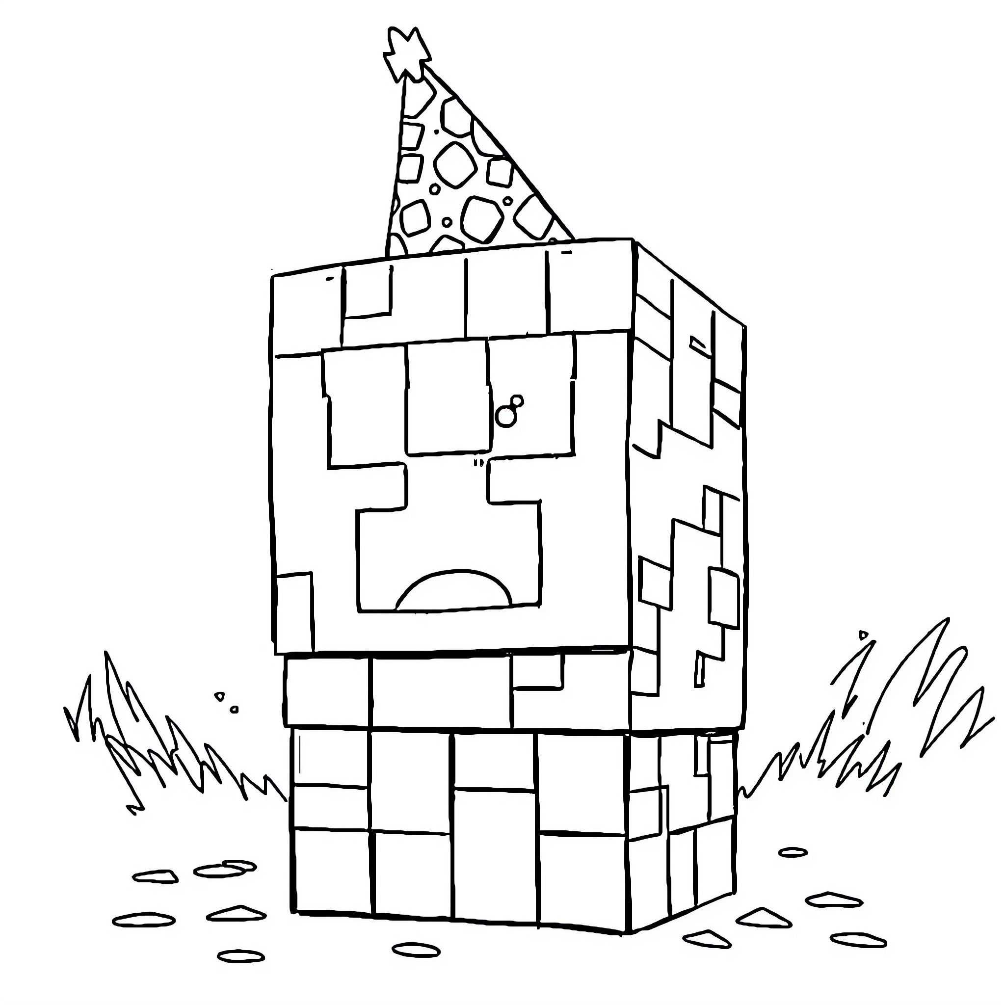 Creeper exploring the blocky landscape Coloring Page (free black-and-white line drawing printable PDF for all, from beginners to advanced learners, including children, teens, adults, and seniors)