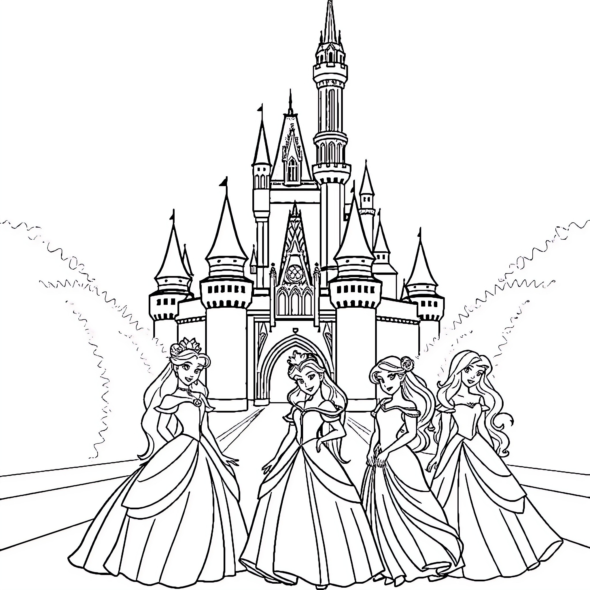 Princess and her friends exploring enchanting castle Coloring Page (free black-and-white line drawing printable PDF for all, from beginners to advanced learners, including children, teens, adults, and seniors)
