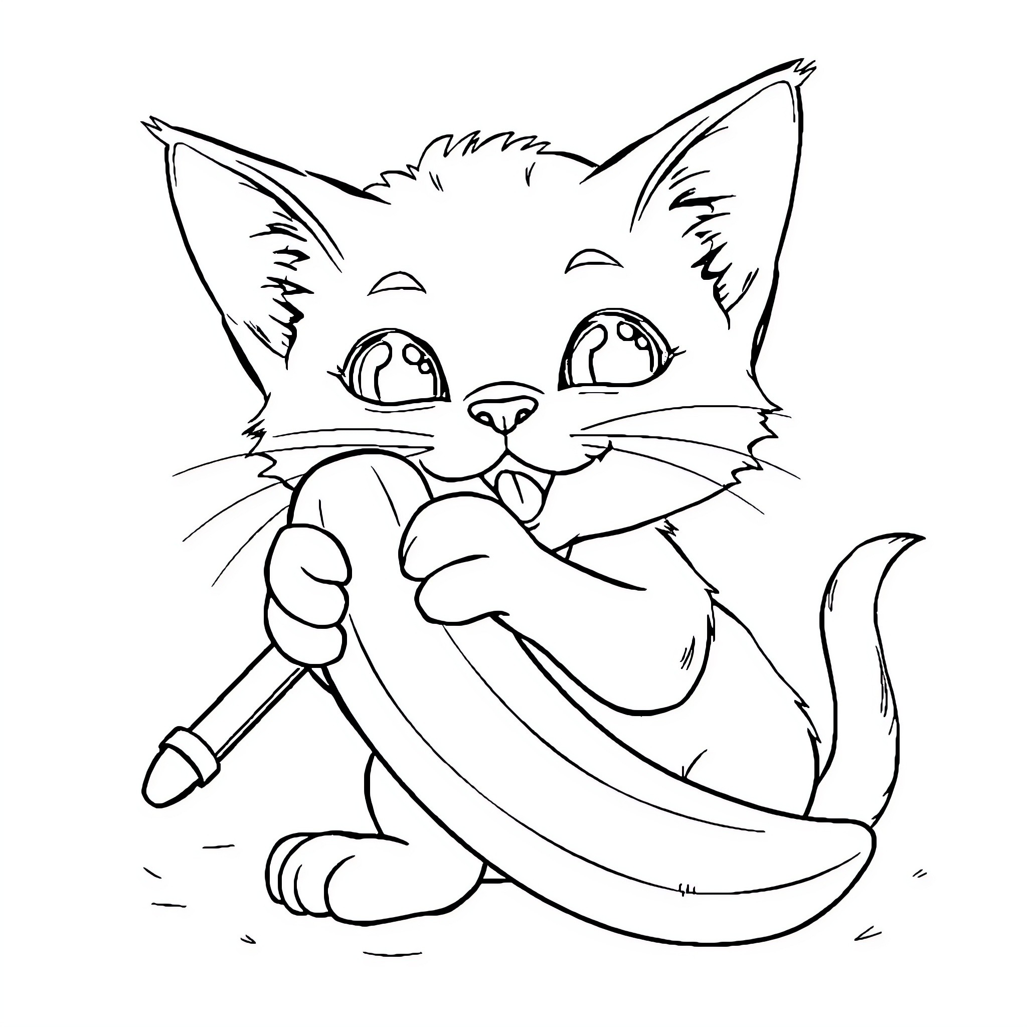 Cat enjoying a banana Coloring Page (free black-and-white line drawing printable PDF for all, from beginners to advanced learners, including children, teens, adults, and seniors)