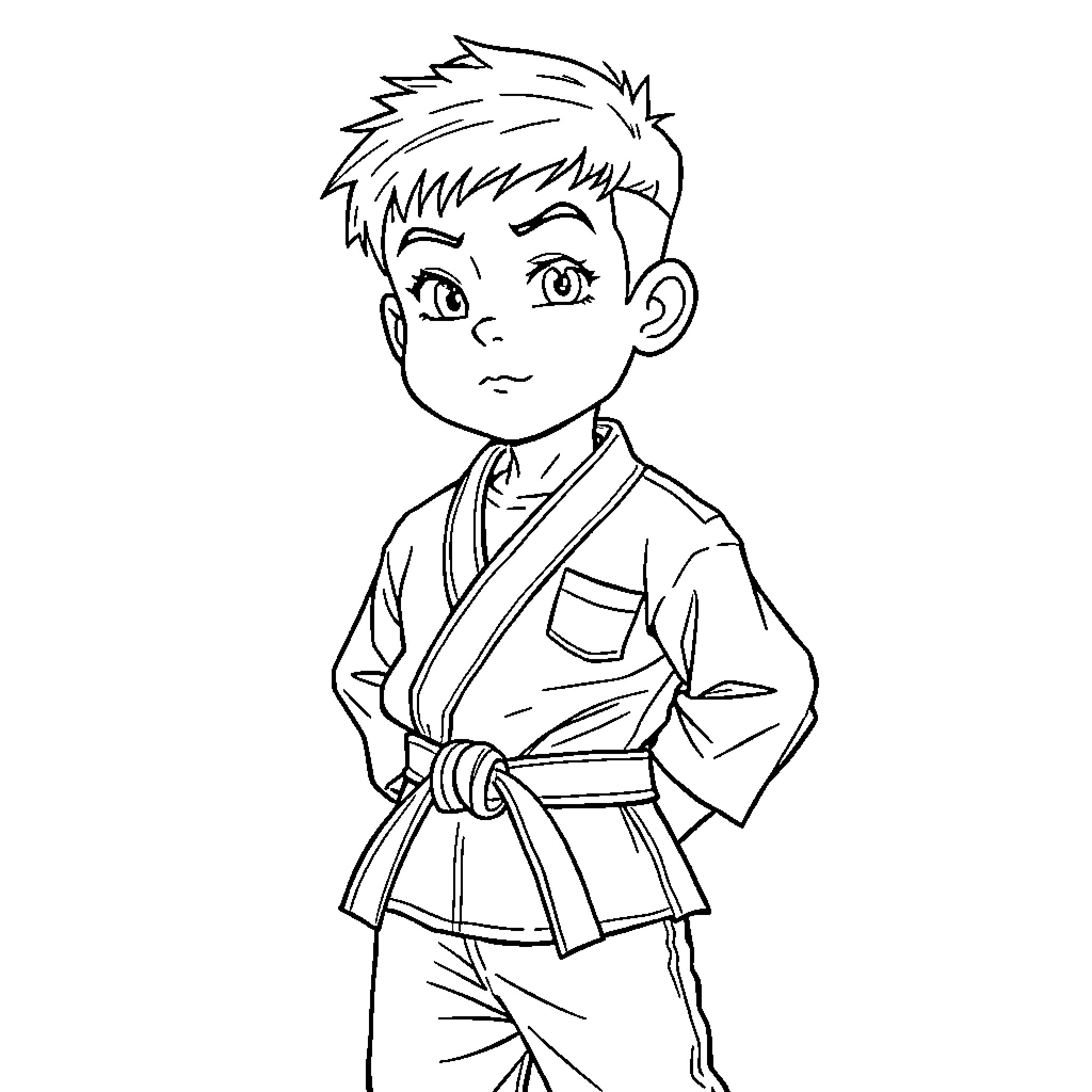 Karate Kid in Martial Arts Stance Coloring Page (free black-and-white line drawing printable PDF for all, from beginners to advanced learners, including children, teens, adults, and seniors)