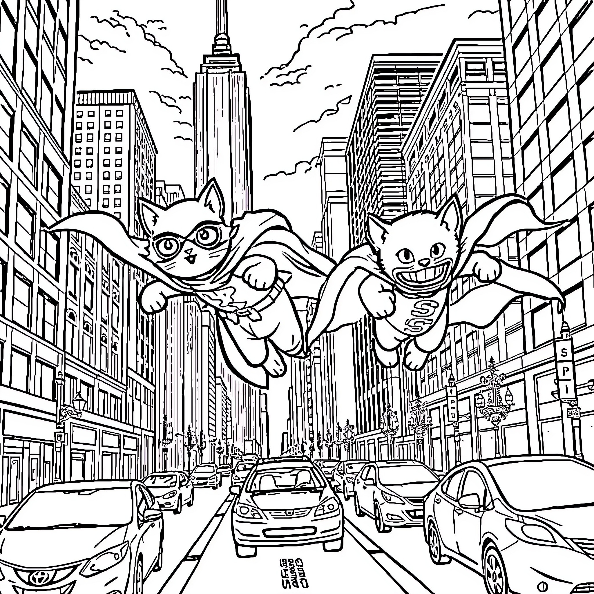 Kitty Superheroes Soaring Above the City Coloring Page (free black-and-white line drawing printable PDF for all, from beginners to advanced learners, including children, teens, adults, and seniors)