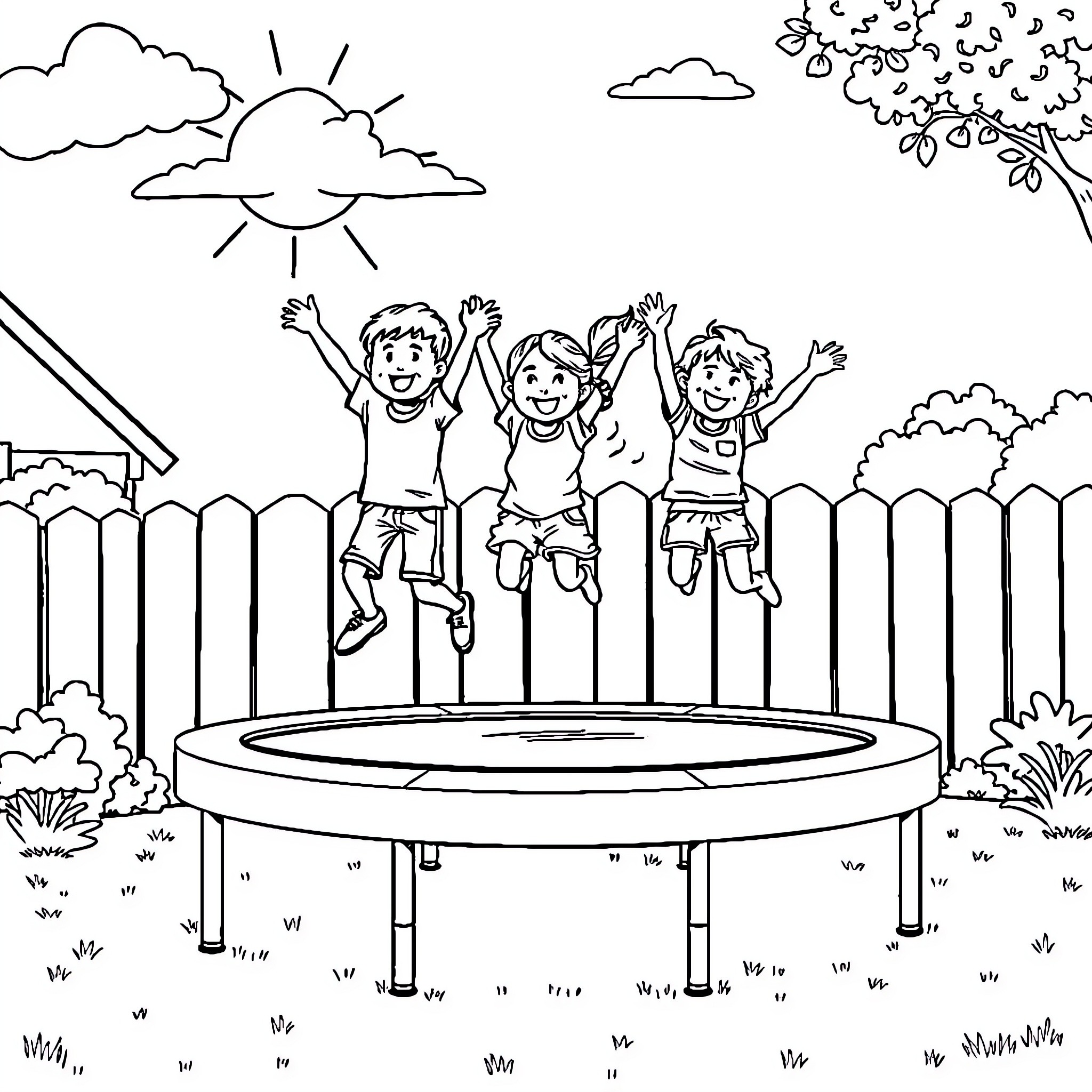 Kid enjoying trampoline with friends in backyard Coloring Page (free black-and-white line drawing printable PDF for all, from beginners to advanced learners, including children, teens, adults, and seniors)