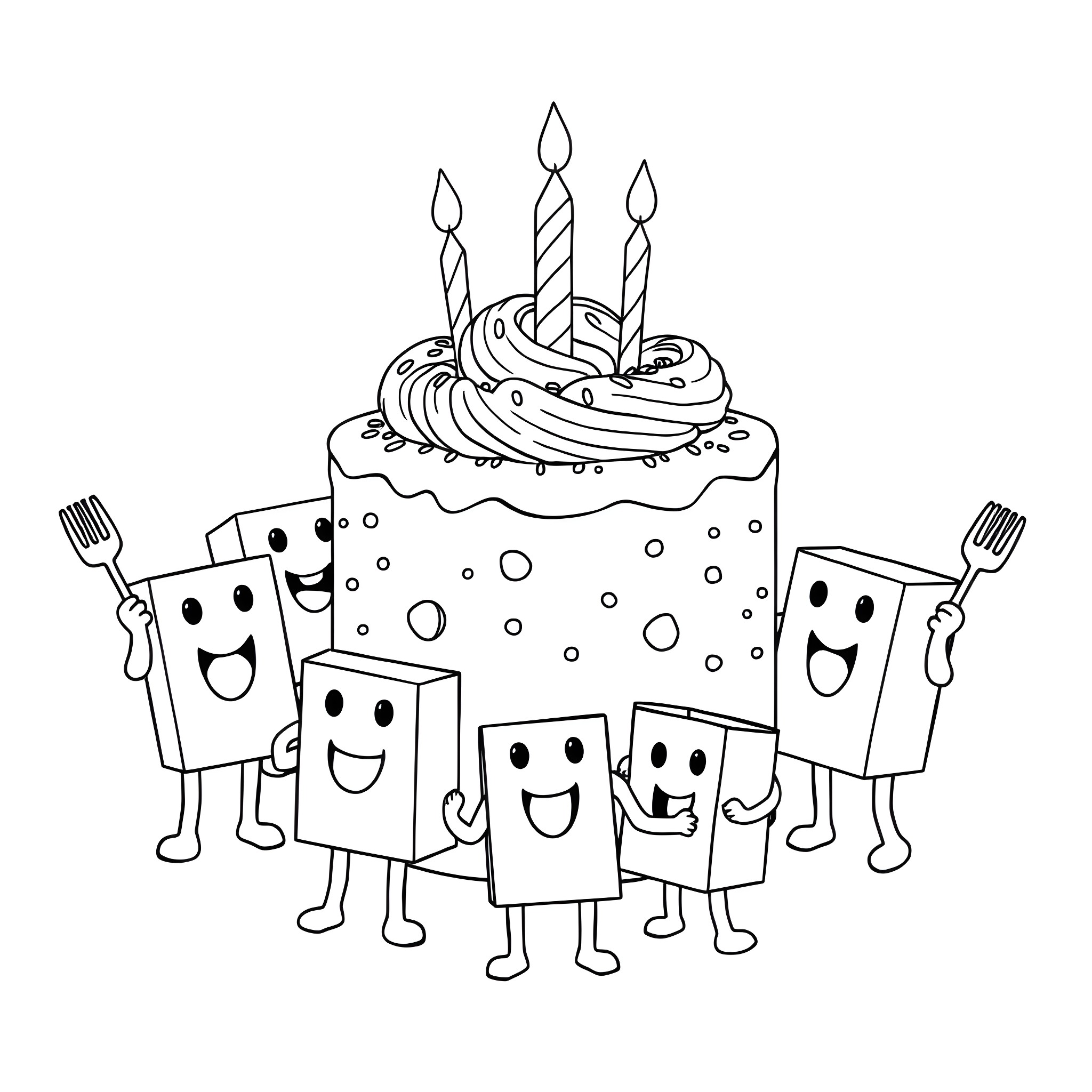 Number Block Party with Celebratory Cake Coloring Page (free black-and-white line drawing printable PDF for all, from beginners to advanced learners, including children, teens, adults, and seniors)