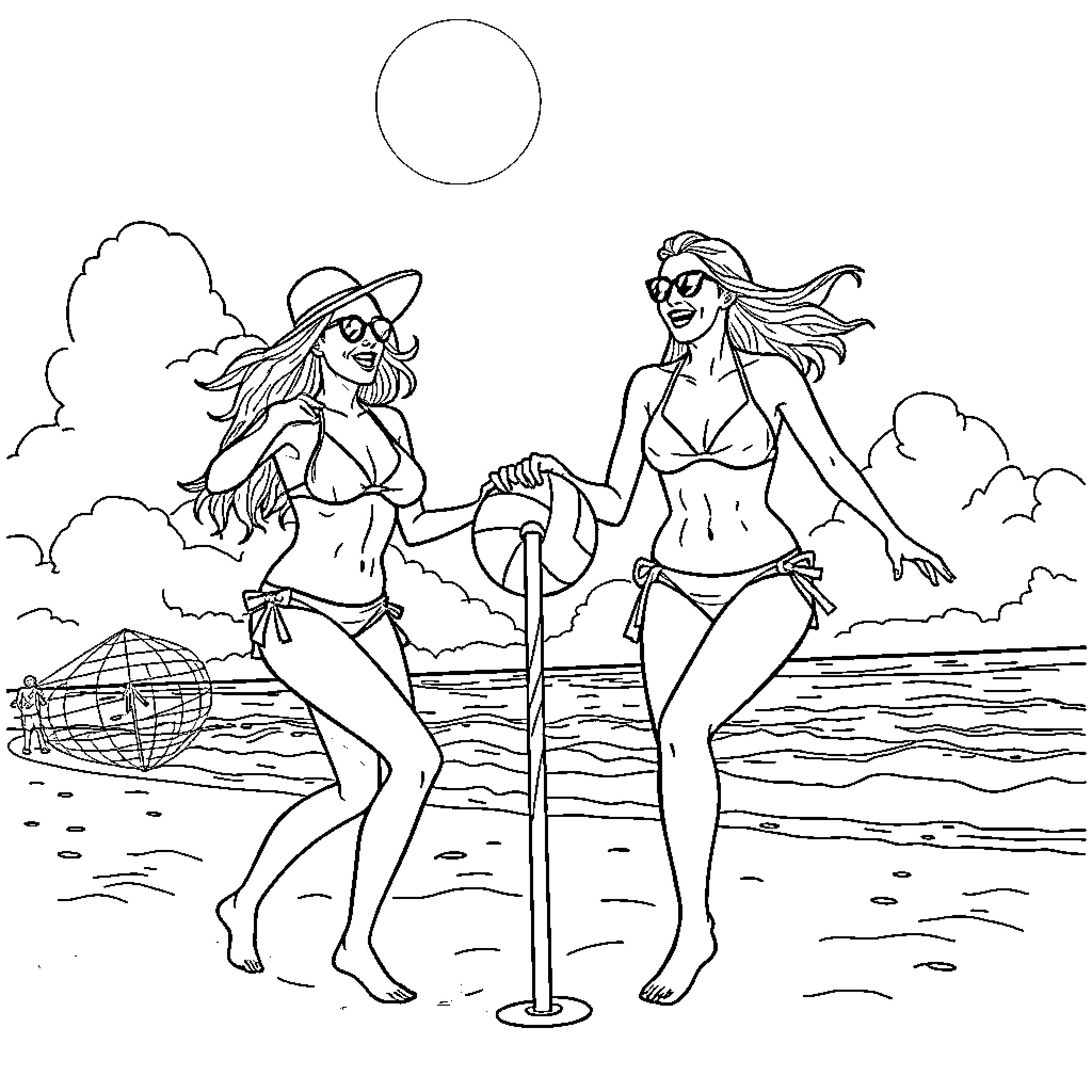 Women playing beach volleyball on a sunny day Coloring Page (free black-and-white line drawing printable PDF for all, from beginners to advanced learners, including children, teens, adults, and seniors)