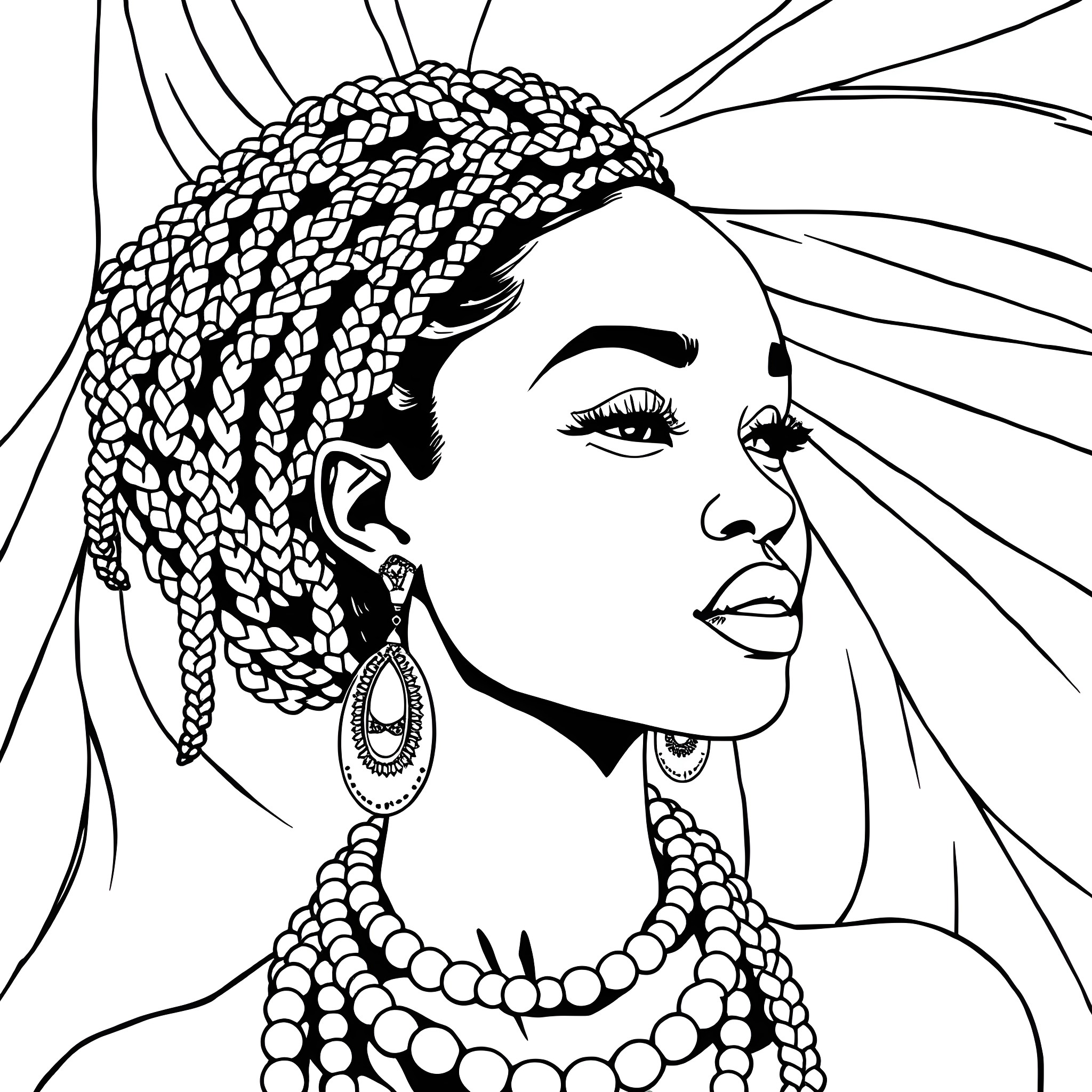 Woman with elaborate braided hairstyle and accessories Coloring Page (free black-and-white line drawing printable PDF for all, from beginners to advanced learners, including children, teens, adults, and seniors)