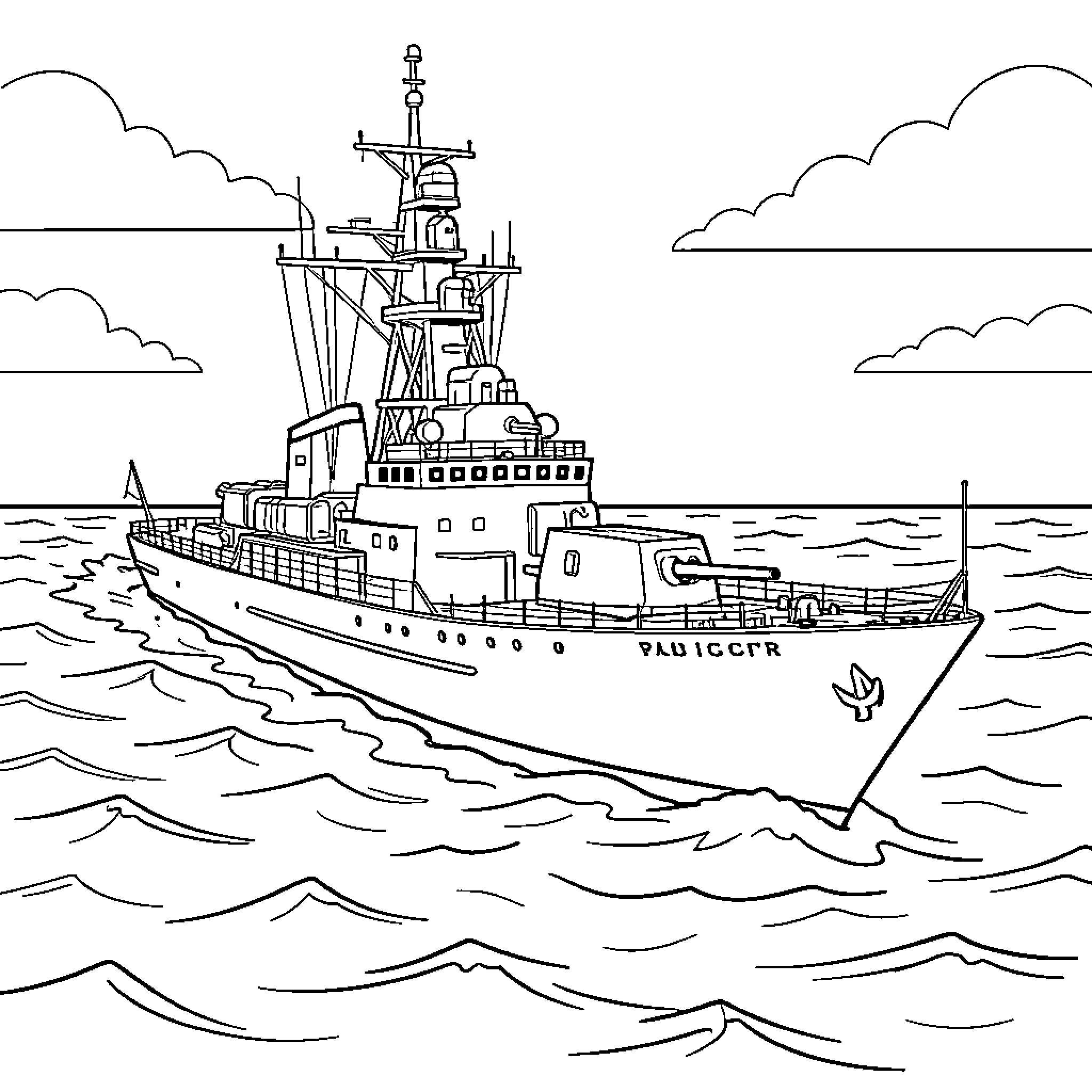 Warship sailing through ocean waves under cloudy skies Coloring Page (free black-and-white line drawing printable PDF for all, from beginners to advanced learners, including children, teens, adults, and seniors)