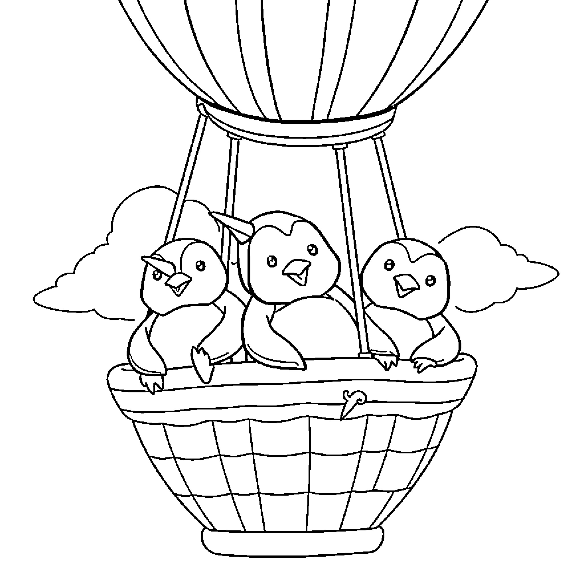 Penguin friends in a hot air balloon Coloring Page (free black-and-white line drawing printable PDF for all, from beginners to advanced learners, including children, teens, adults, and seniors)