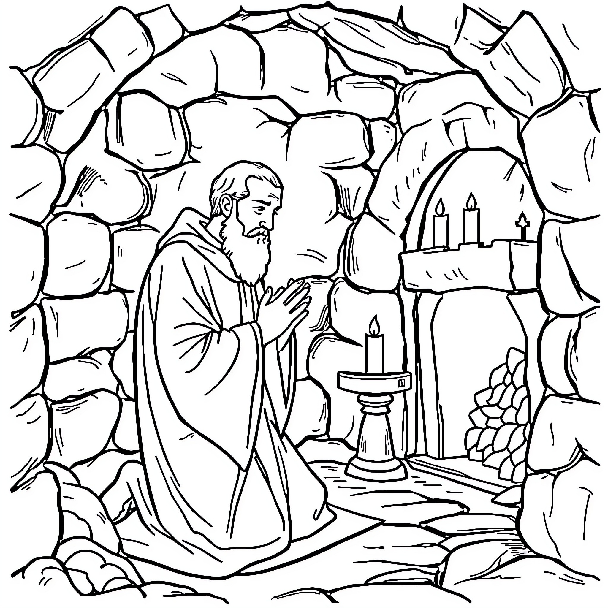 Saint Charbel praying in a cave Coloring Page (free black-and-white line drawing printable PDF for all, from beginners to advanced learners, including children, teens, adults, and seniors)
