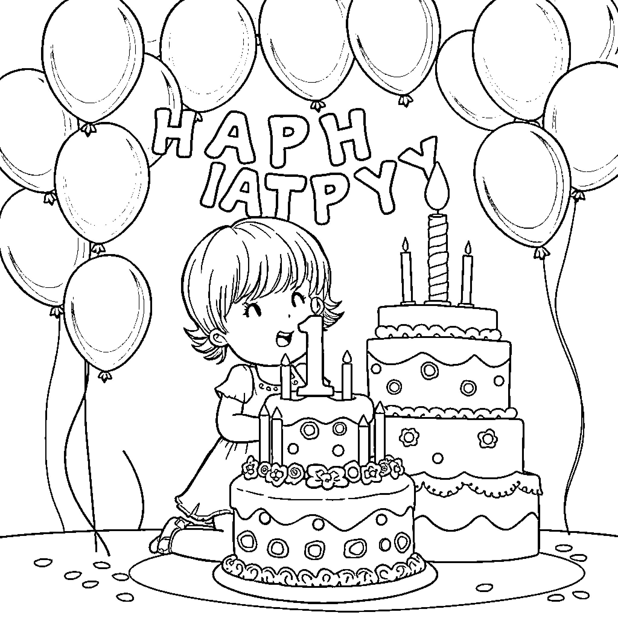 Birthday party with happy child and festive cake Coloring Page (free black-and-white line drawing printable PDF for all, from beginners to advanced learners, including children, teens, adults, and seniors)