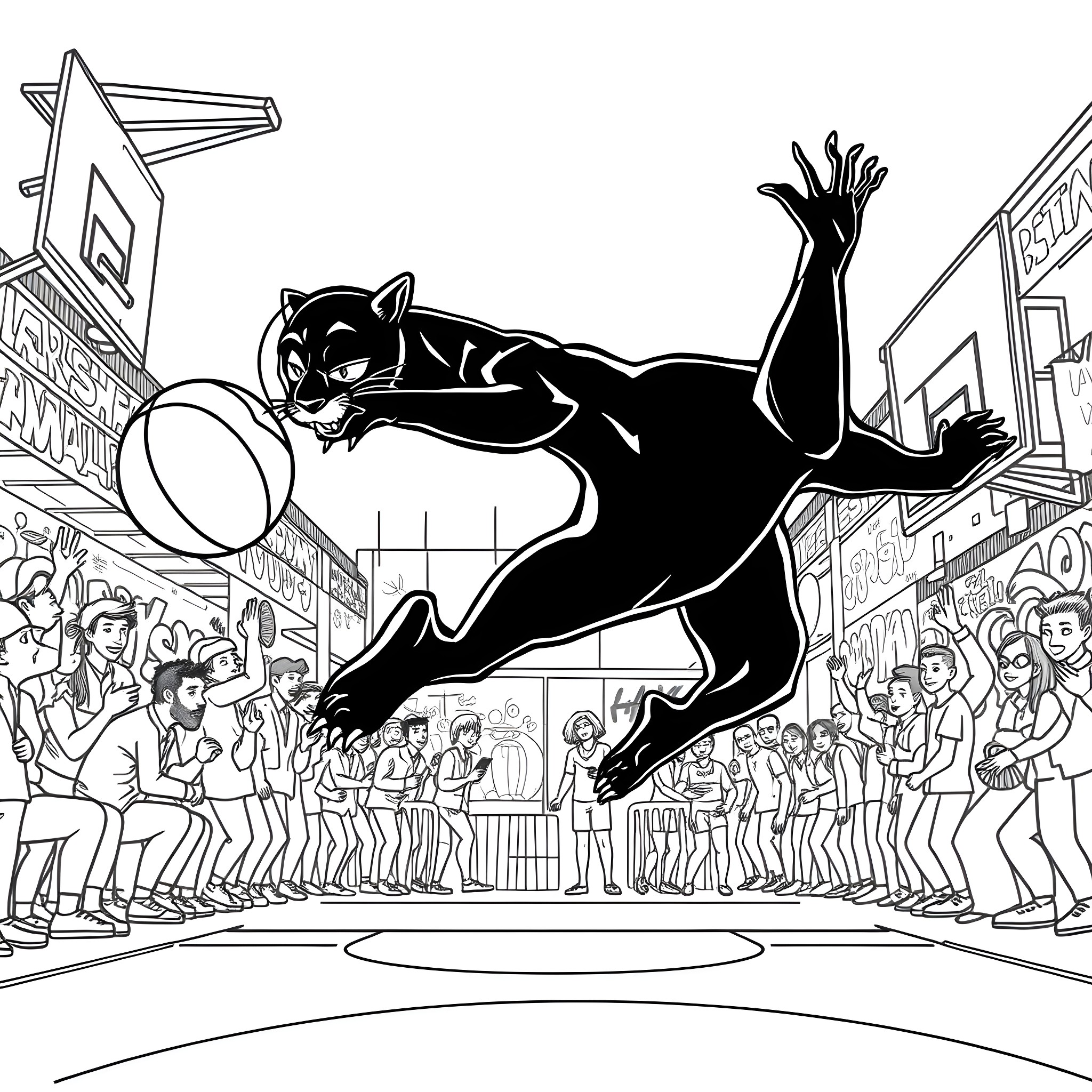 Panther leaping through the air in an action-packed scene Coloring Page (free black-and-white line drawing printable PDF for all, from beginners to advanced learners, including children, teens, adults, and seniors)