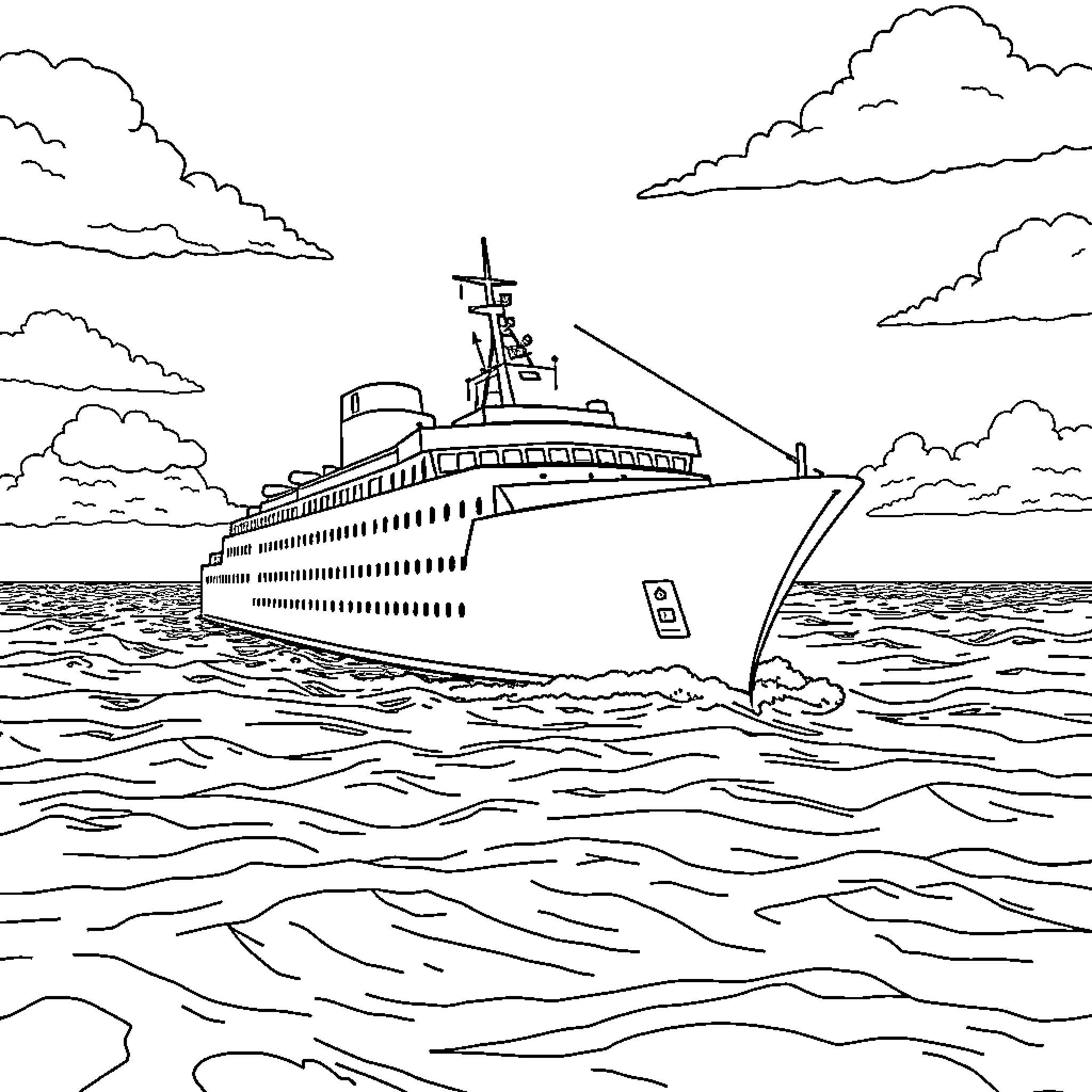 Ship setting sail on the open waters Coloring Page (free black-and-white line drawing printable PDF for all, from beginners to advanced learners, including children, teens, adults, and seniors)