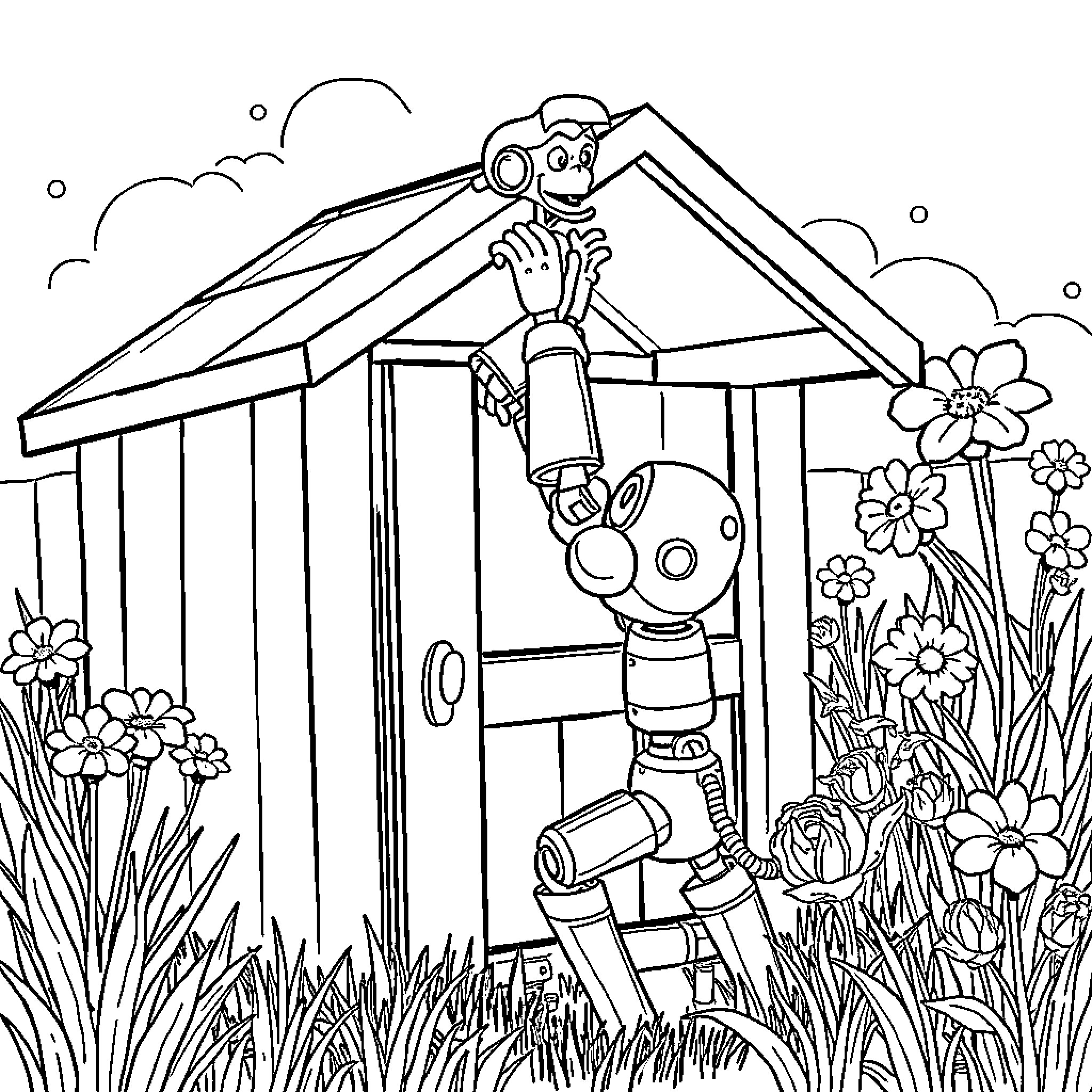 Robot exploring a flower-filled garden shed Coloring Page (free black-and-white line drawing printable PDF for all, from beginners to advanced learners, including children, teens, adults, and seniors)
