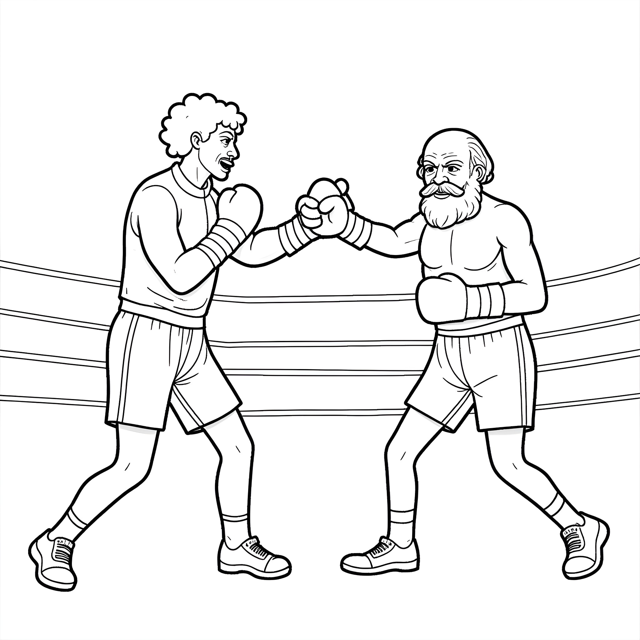 Adam Smith two men boxing in the ring Coloring Page (free black-and-white line drawing printable PDF for all, from beginners to advanced learners, including children, teens, adults, and seniors)