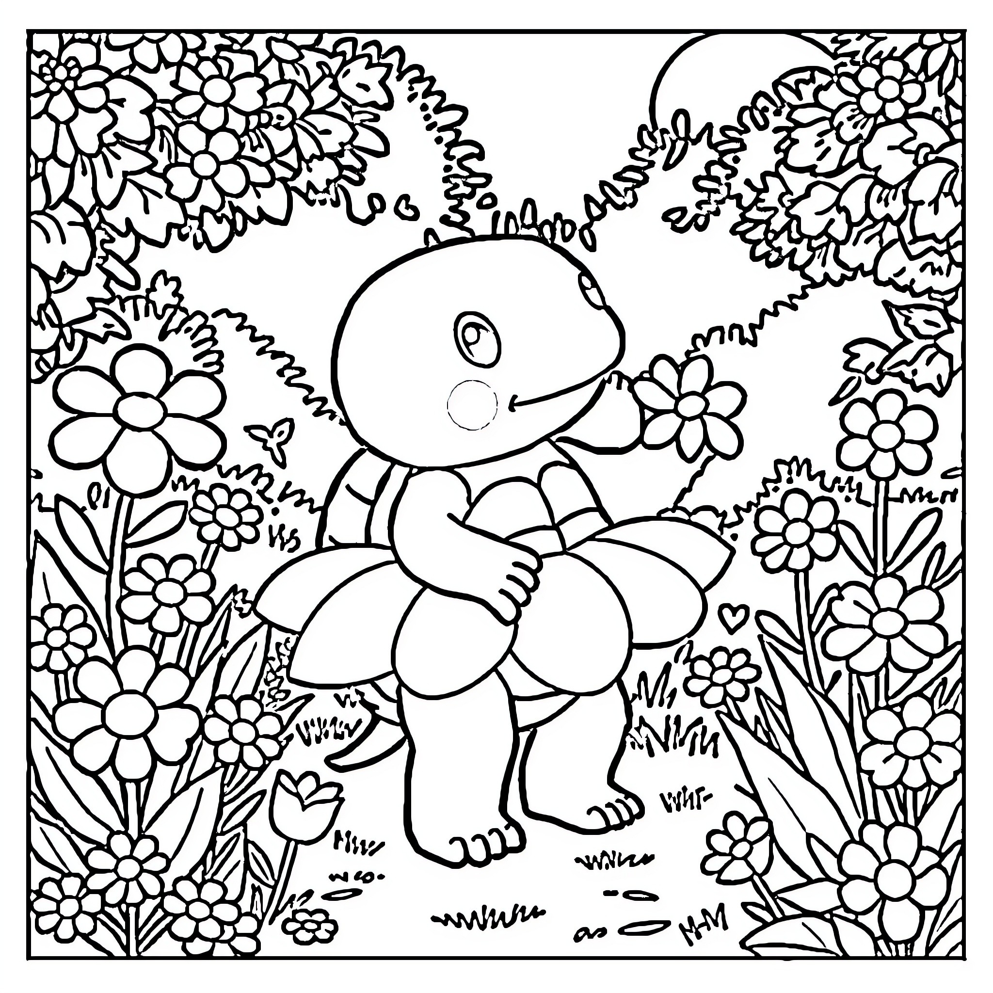 Turtle enjoying a floral garden scene Coloring Page (free black-and-white line drawing printable PDF for all, from beginners to advanced learners, including children, teens, adults, and seniors)