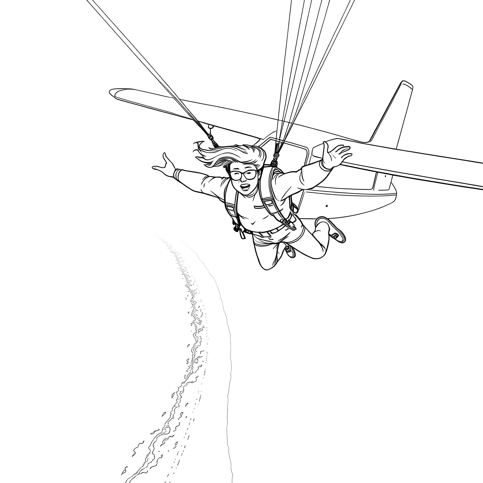 Tandem Skydive - Thrill-Seeking Duo Plunge from Plane Coloring Page (free black-and-white line drawing printable PDF for all, from beginners to advanced learners, including children, teens, adults, and seniors)
