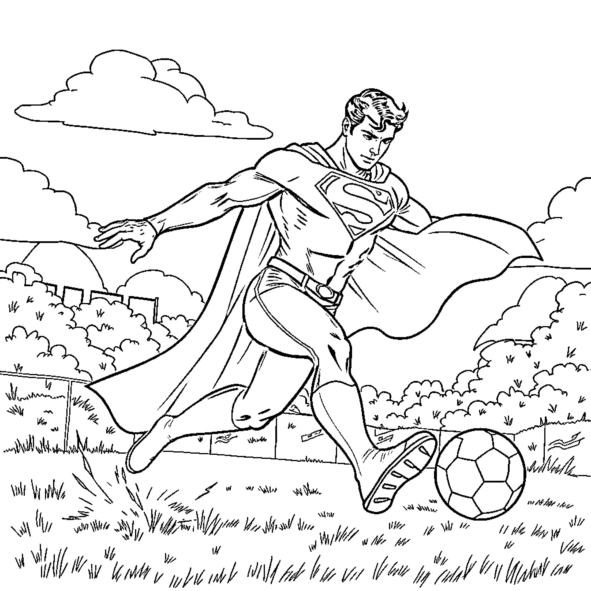 Superman playing football in the park Coloring Page (free black-and-white line drawing printable PDF for all, from beginners to advanced learners, including children, teens, adults, and seniors)