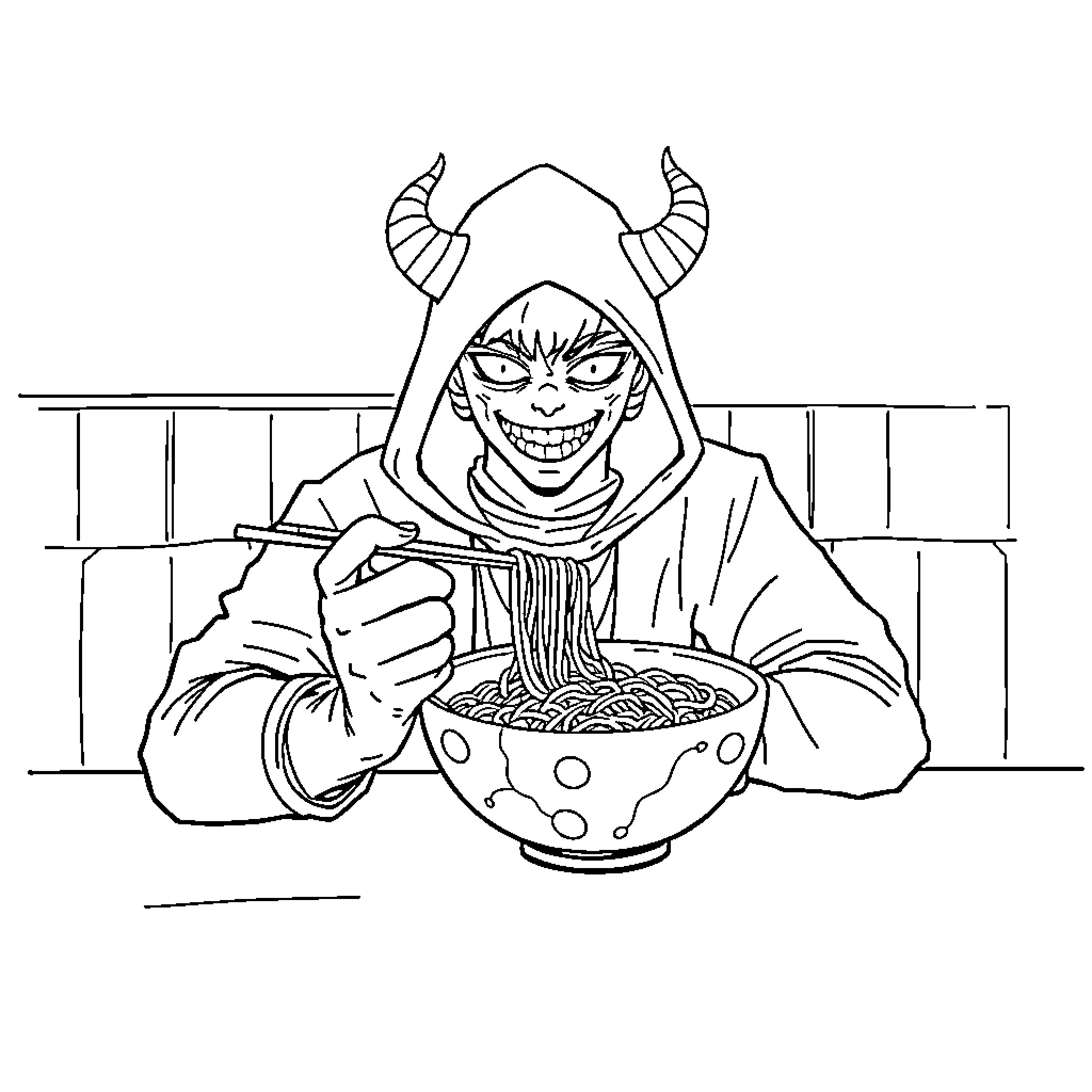 Demon Hunter enjoying a bowl of noodles Coloring Page (free black-and-white line drawing printable PDF for all, from beginners to advanced learners, including children, teens, adults, and seniors)