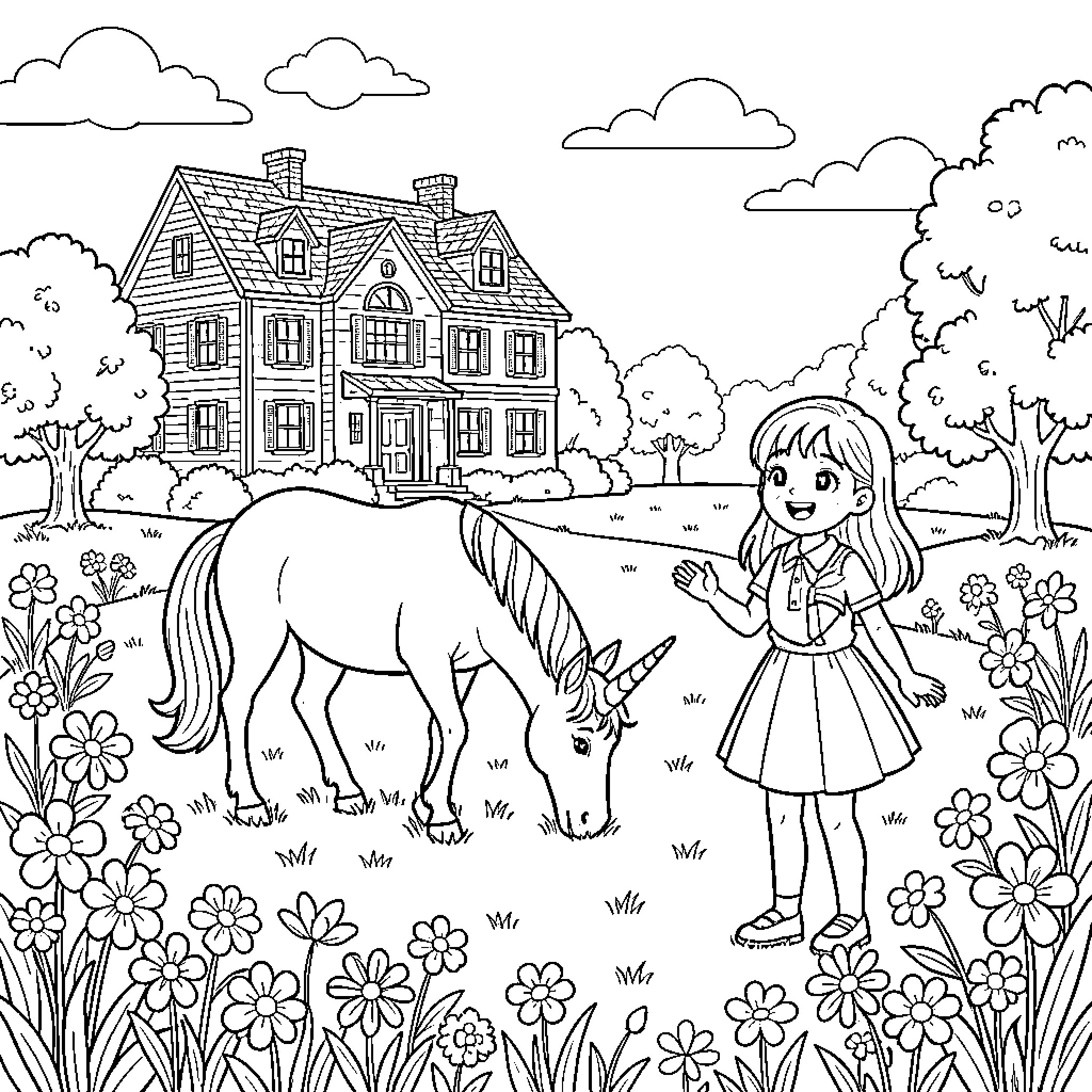 Unicorn and girl in magical garden scene Coloring Page (free black-and-white line drawing printable PDF for all, from beginners to advanced learners, including children, teens, adults, and seniors)
