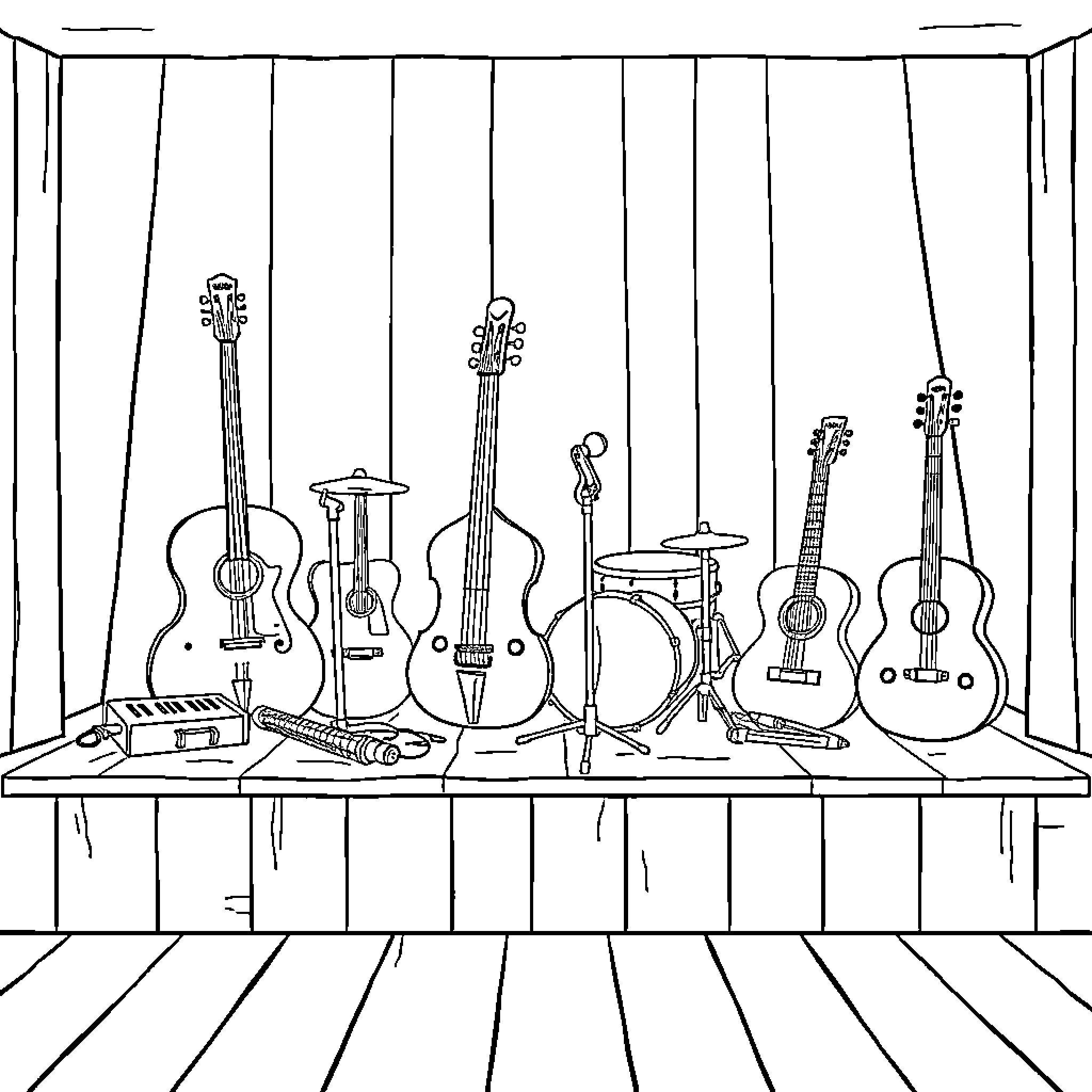 Music Instrument Store Display with Various Guitars Coloring Page (free black-and-white line drawing printable PDF for all, from beginners to advanced learners, including children, teens, adults, and seniors)