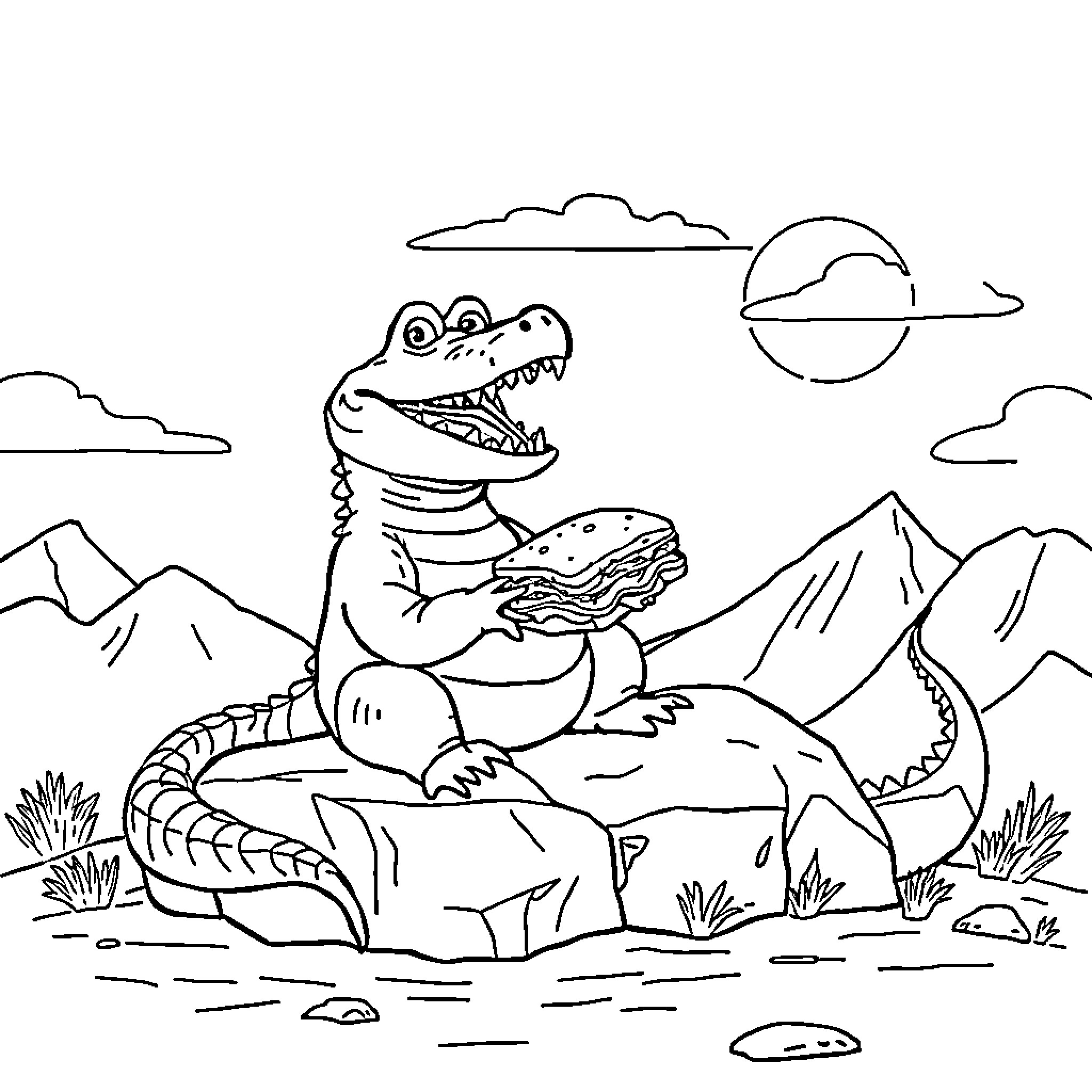 Alligator enjoying a tasty snack in the wilderness Coloring Page (free black-and-white line drawing printable PDF for all, from beginners to advanced learners, including children, teens, adults, and seniors)