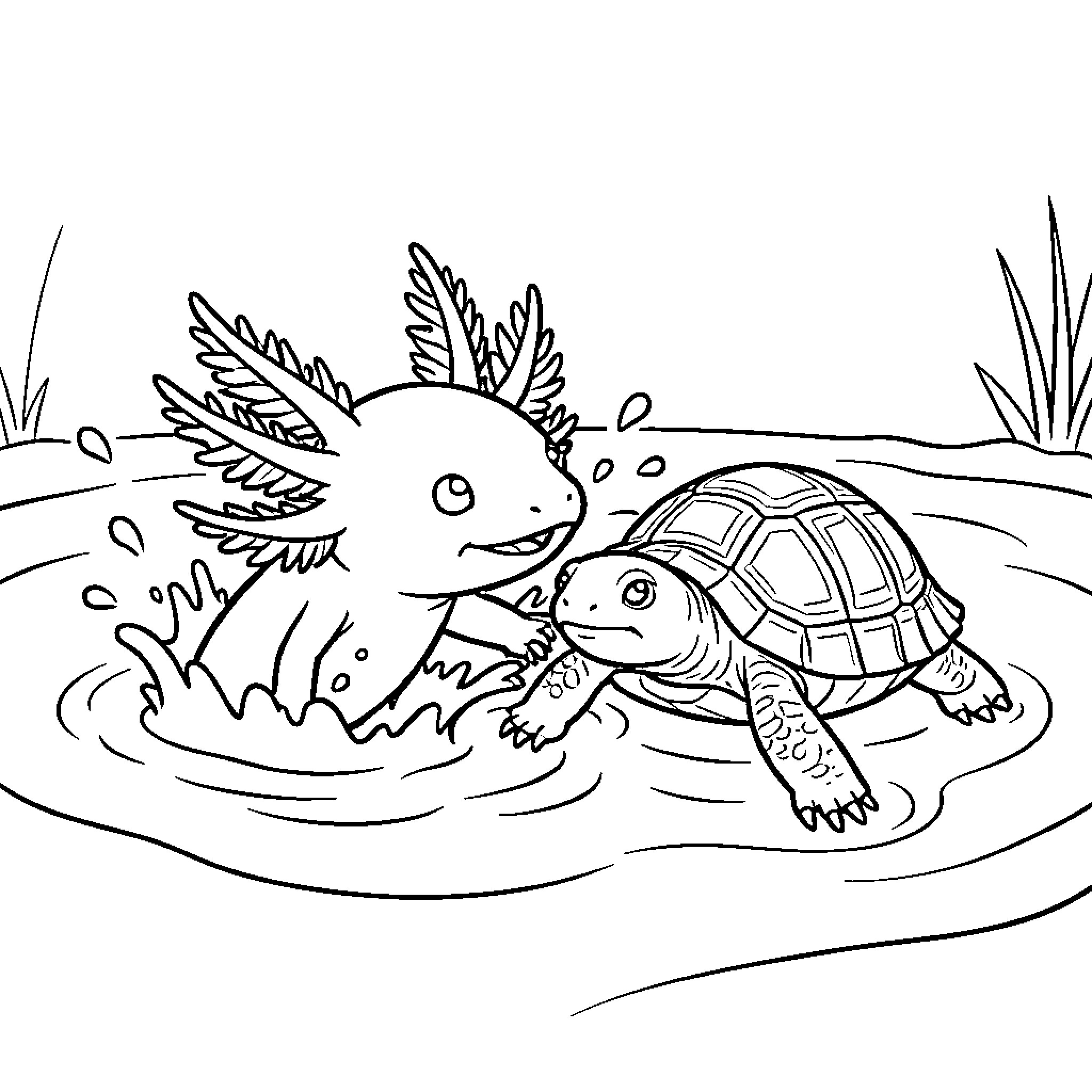 Axolotl and Turtle Swimming in Pond Coloring Page (free black-and-white line drawing printable PDF for all, from beginners to advanced learners, including children, teens, adults, and seniors)