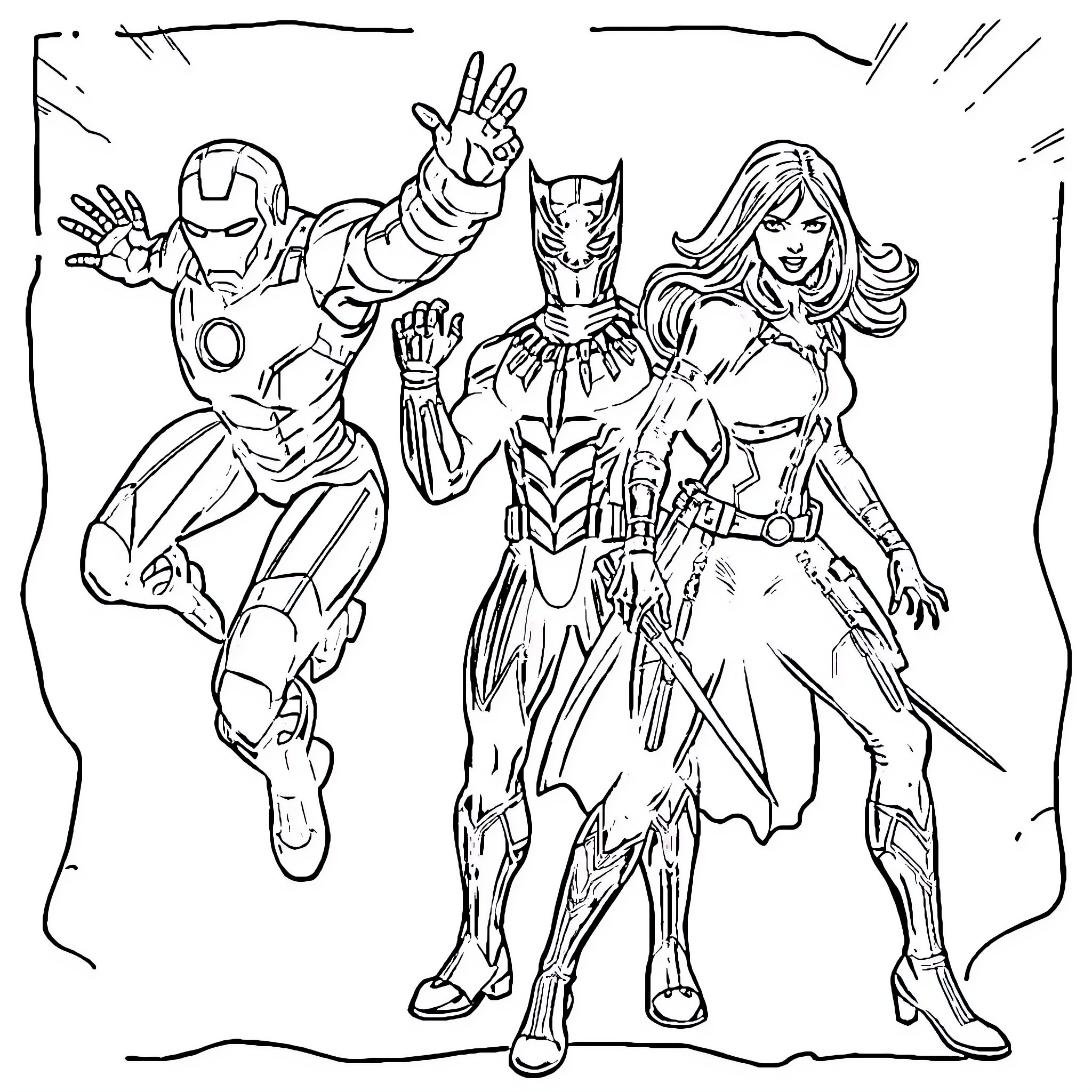 Superhero Team Assembled for Action Coloring Page (free black-and-white line drawing printable PDF for all, from beginners to advanced learners, including children, teens, adults, and seniors)