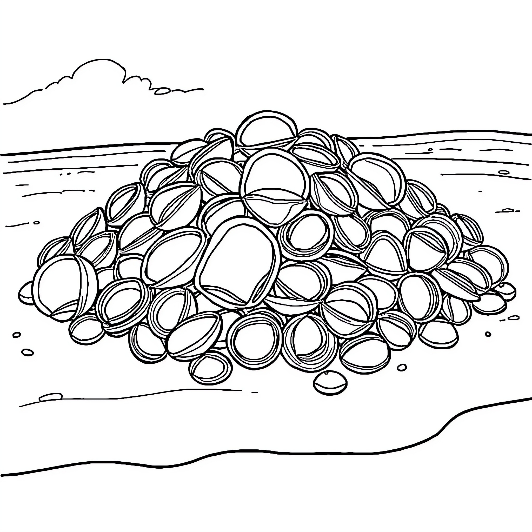 Clamslam on the shore Coloring Page (free black-and-white line drawing printable PDF for all, from beginners to advanced learners, including children, teens, adults, and seniors)