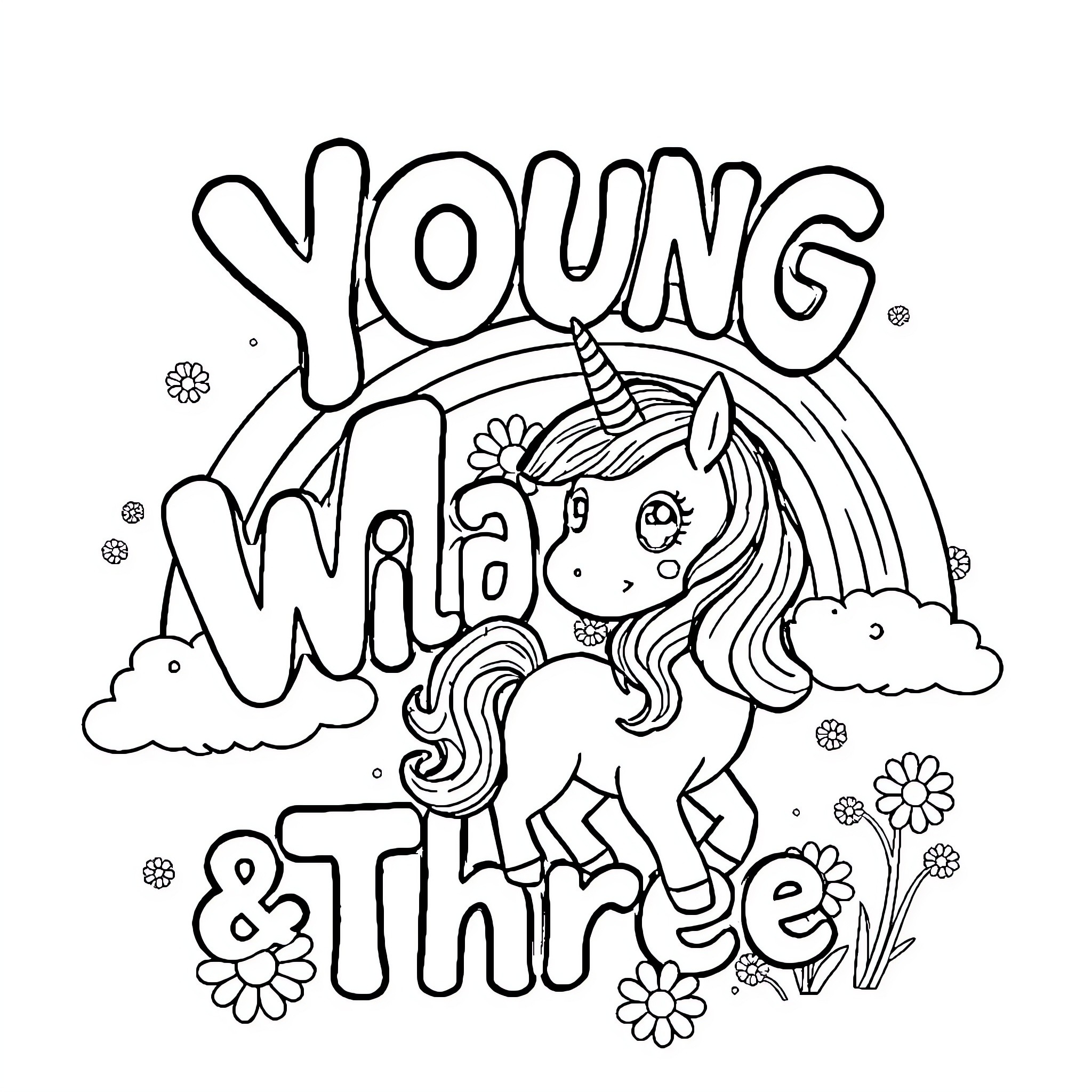 Unicorn playing in a whimsical fantasy scene Coloring Page (free black-and-white line drawing printable PDF for all, from beginners to advanced learners, including children, teens, adults, and seniors)
