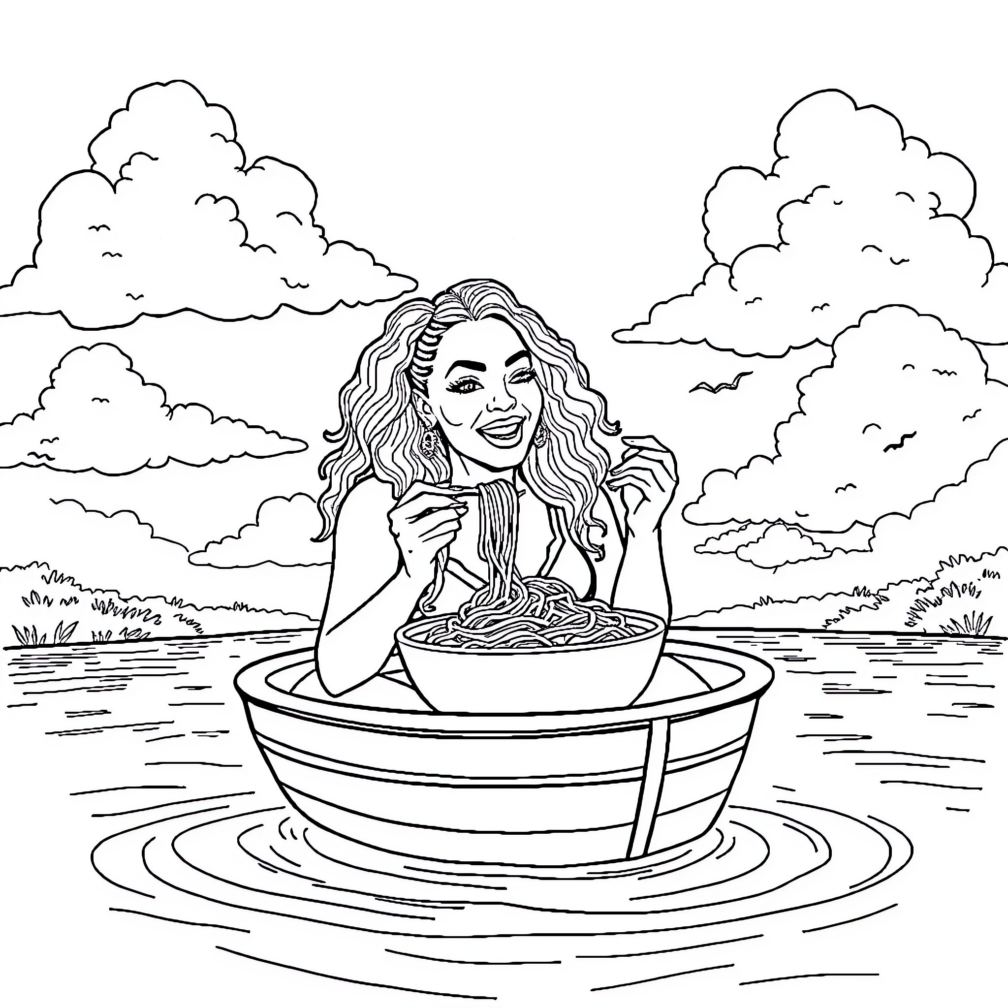 Beyonce relaxing in a scenic outdoor bathtub Coloring Page (free black-and-white line drawing printable PDF for all, from beginners to advanced learners, including children, teens, adults, and seniors)