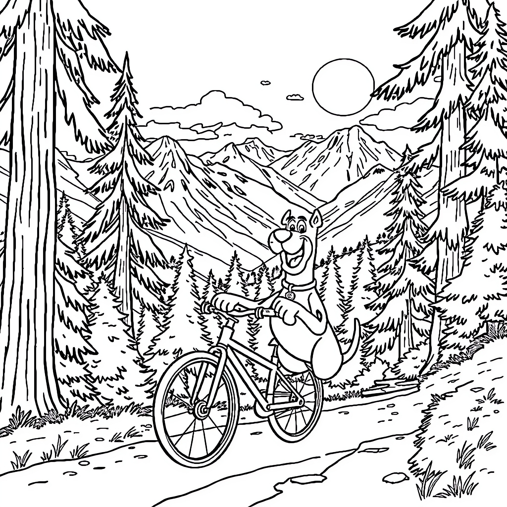 Scooby Doo Exploring the Scenic Mountain Trails on a Bicycle Coloring Page (free black-and-white line drawing printable PDF for all, from beginners to advanced learners, including children, teens, adults, and seniors)