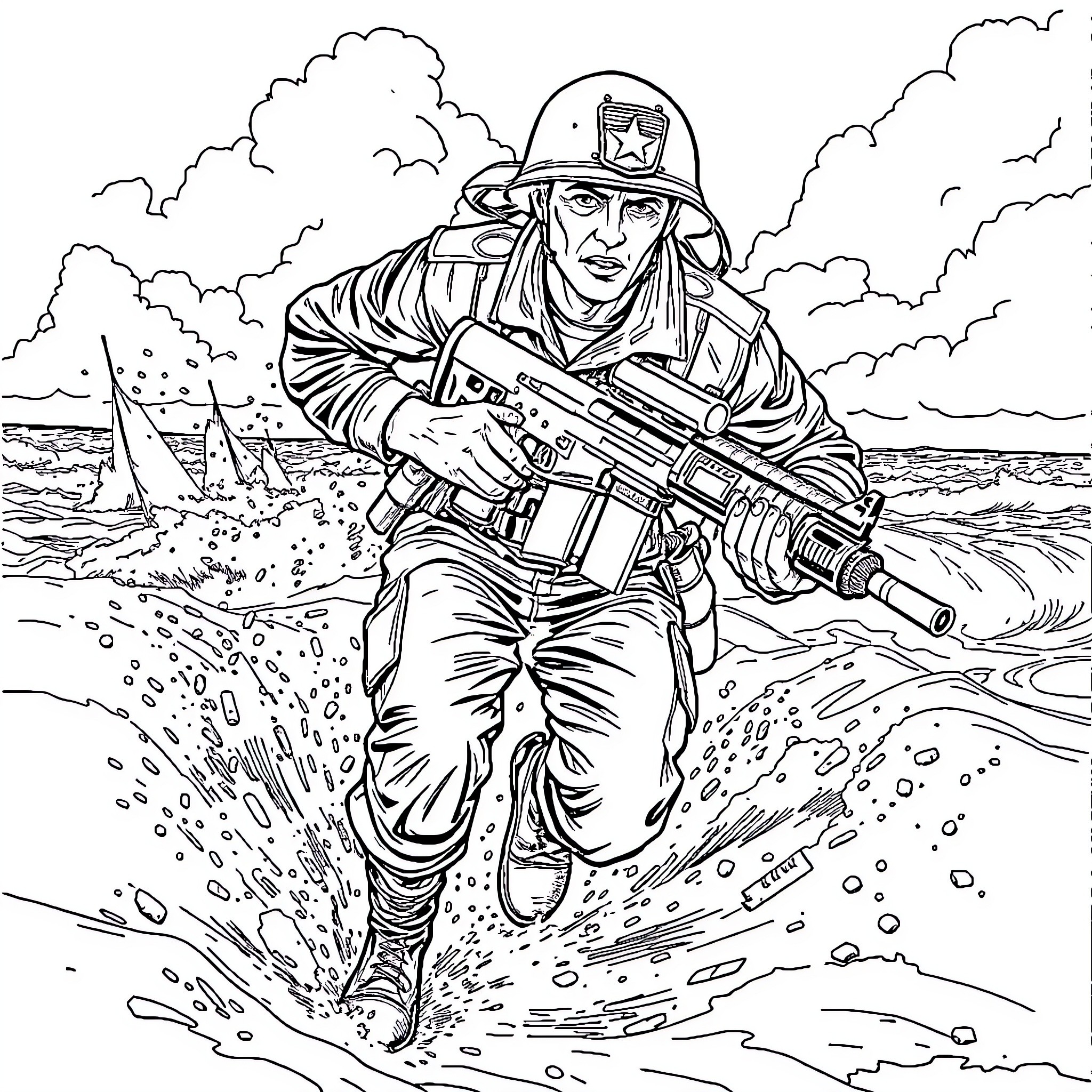 Army Ranger in combat gear advancing through water Coloring Page (free black-and-white line drawing printable PDF for all, from beginners to advanced learners, including children, teens, adults, and seniors)