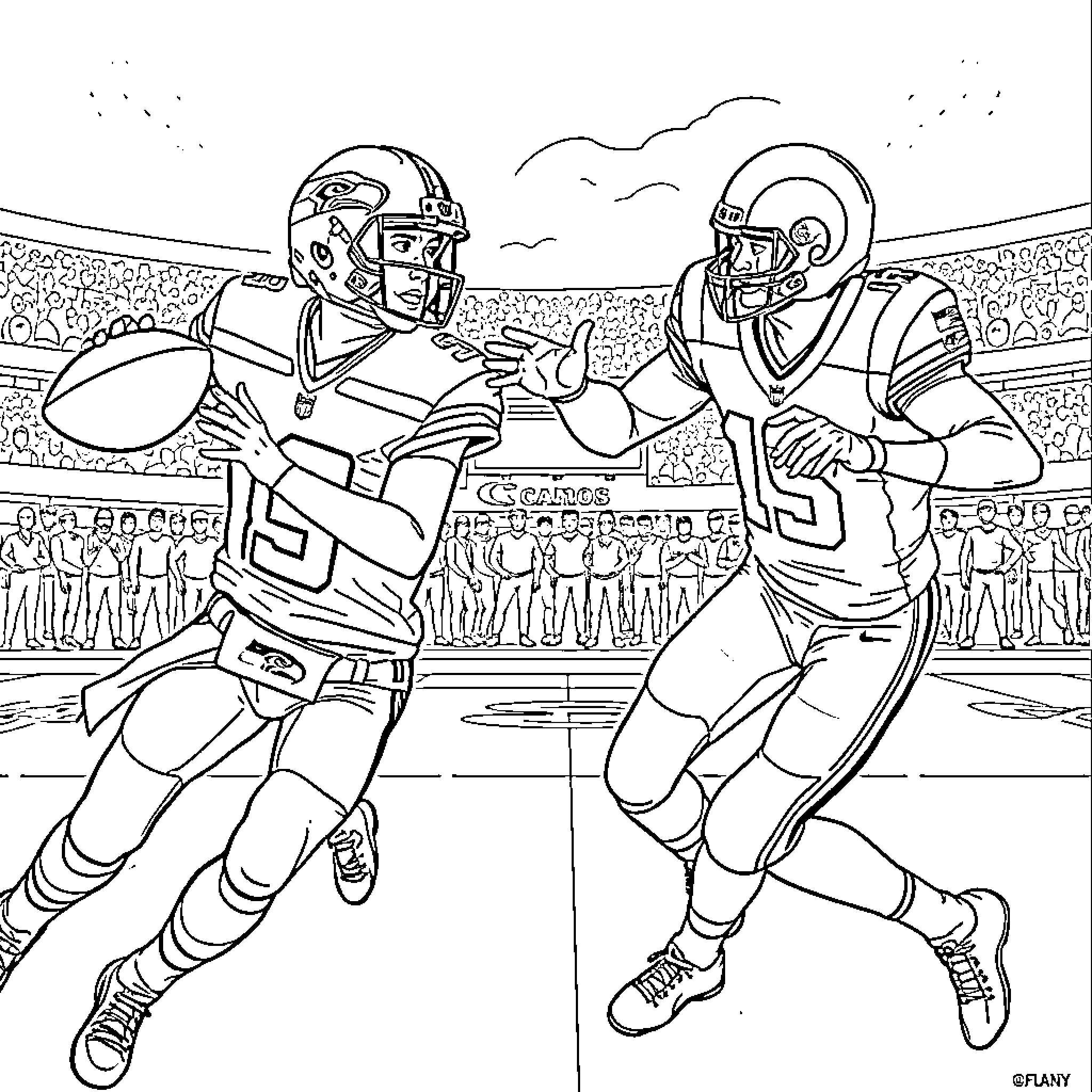 NFL Players in Fierce Gridiron Battle Coloring Page (free black-and-white line drawing printable PDF for all, from beginners to advanced learners, including children, teens, adults, and seniors)