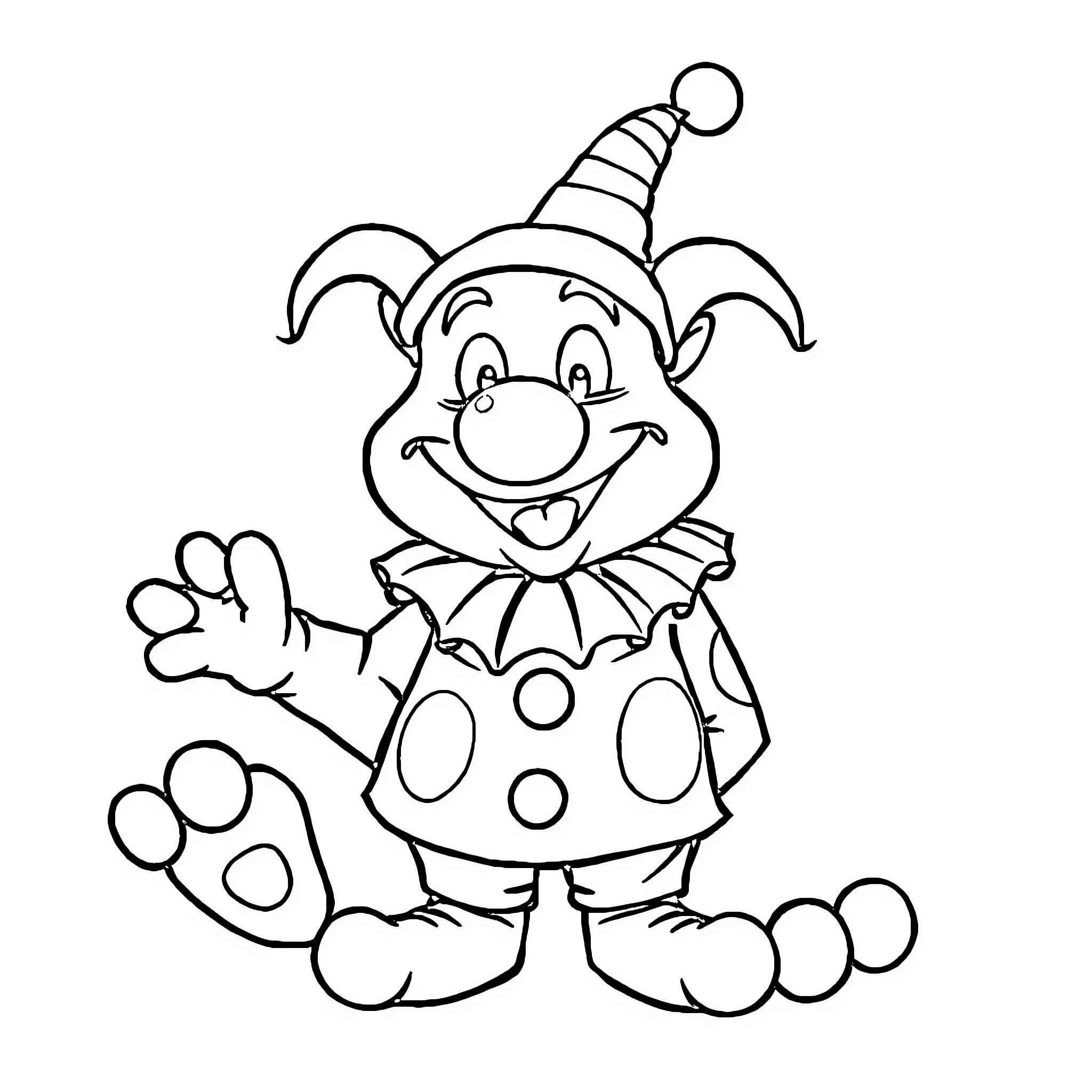 Zebra Clown Waving Happily Coloring Page (free black-and-white line drawing printable PDF for all, from beginners to advanced learners, including children, teens, adults, and seniors)