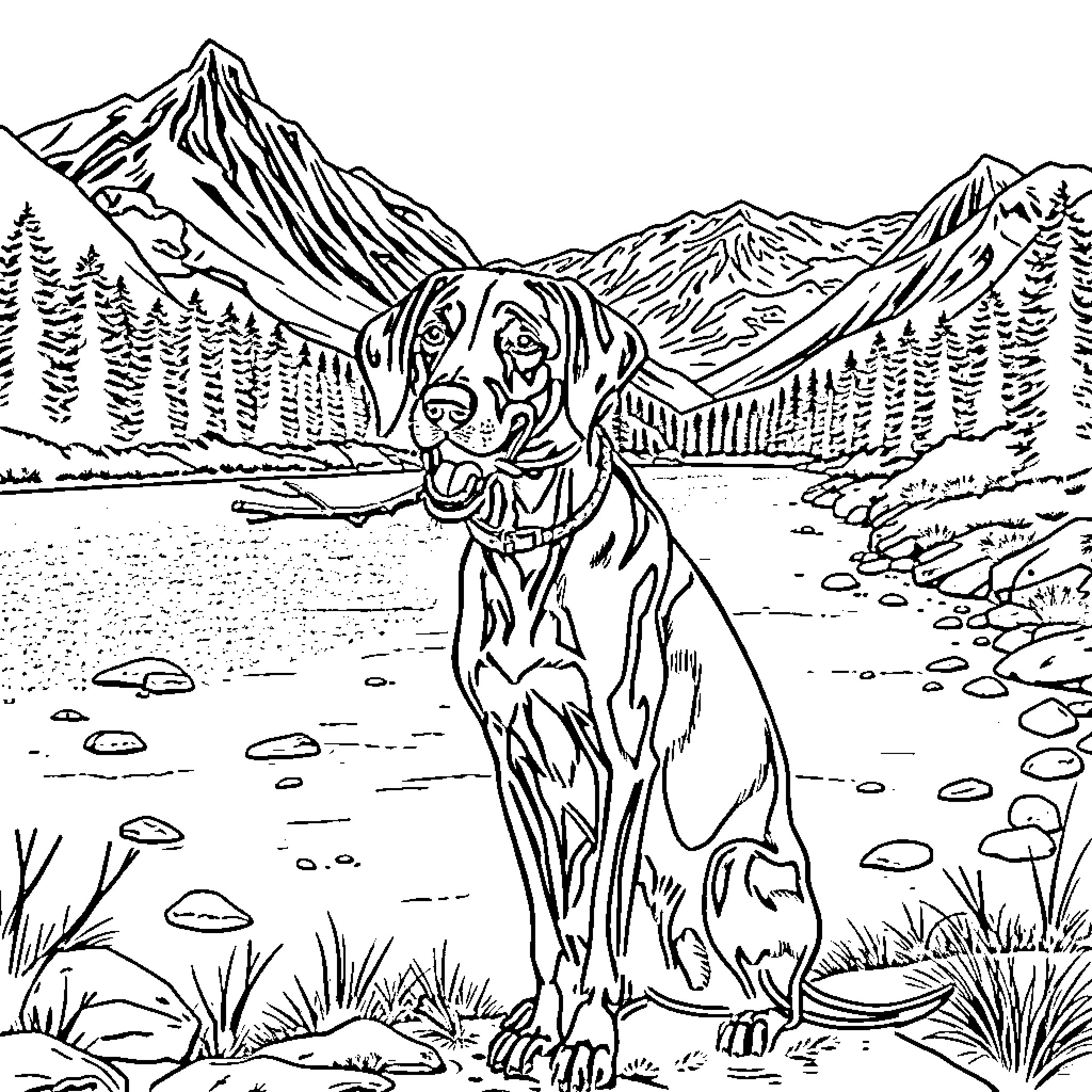 Labrador exploring scenic mountain landscape Coloring Page (free black-and-white line drawing printable PDF for all, from beginners to advanced learners, including children, teens, adults, and seniors)