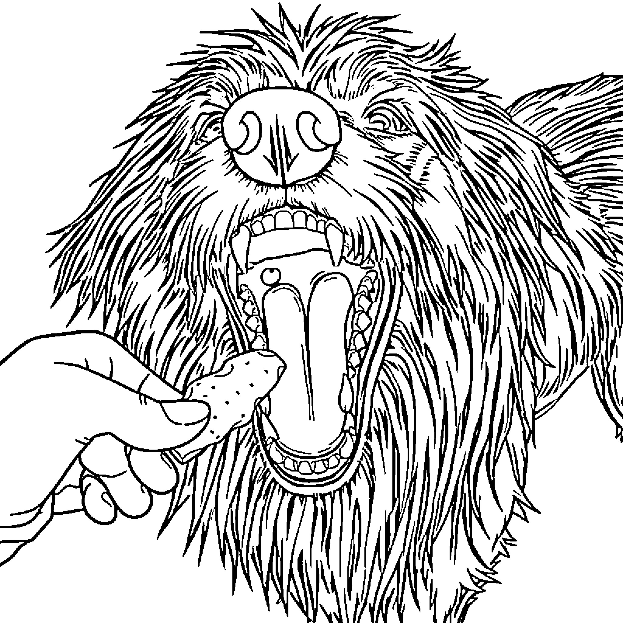 Dog with open mouth and sharp teeth Coloring Page (free black-and-white line drawing printable PDF for all, from beginners to advanced learners, including children, teens, adults, and seniors)