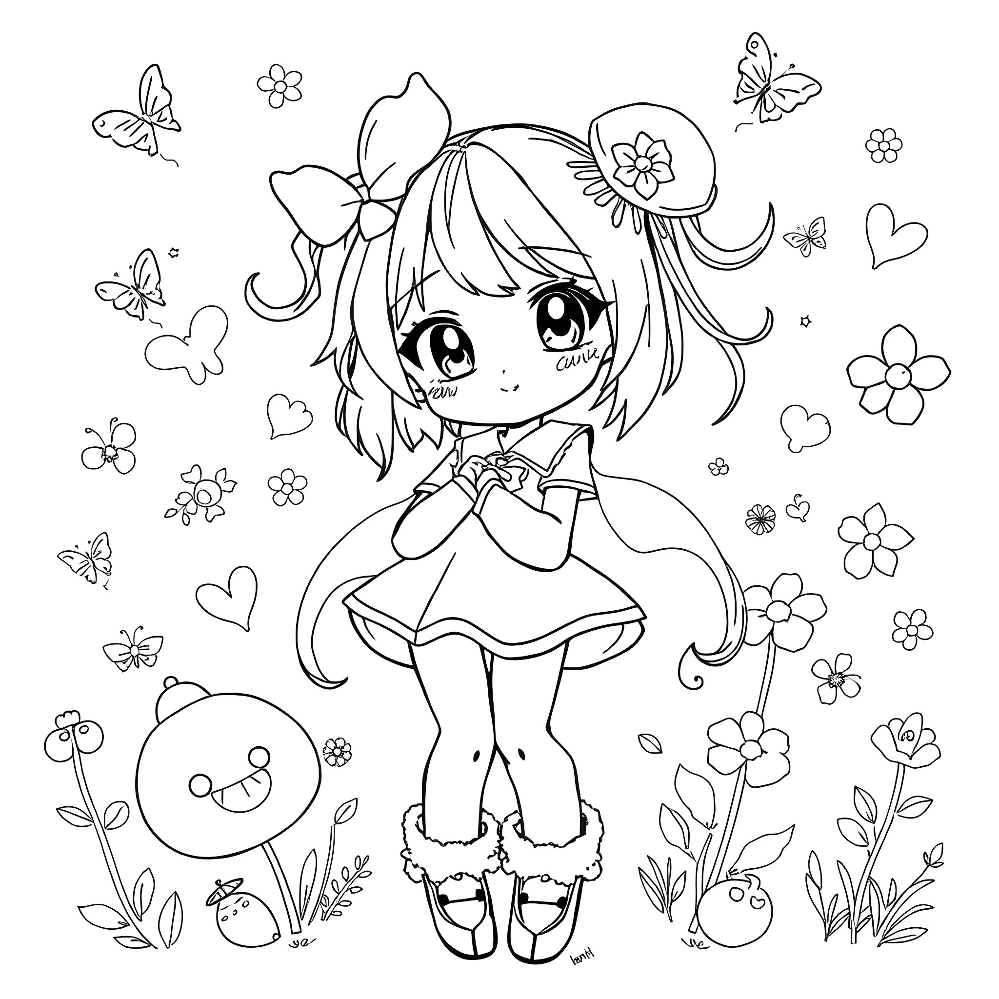 Anime Chibi Girl in Floral Garden with Butterflies Coloring Page (free black-and-white line drawing printable PDF for all, from beginners to advanced learners, including children, teens, adults, and seniors)