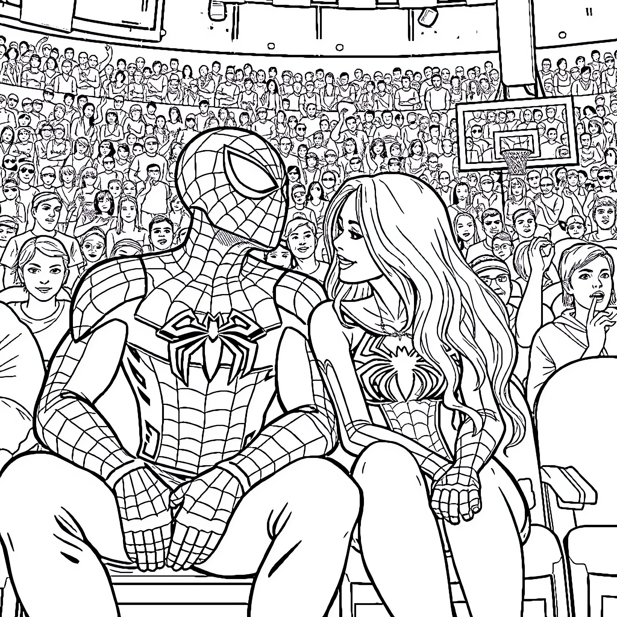 Spiderman interacting with a female character in a crowded arena Coloring Page (free black-and-white line drawing printable PDF for all, from beginners to advanced learners, including children, teens, adults, and seniors)
