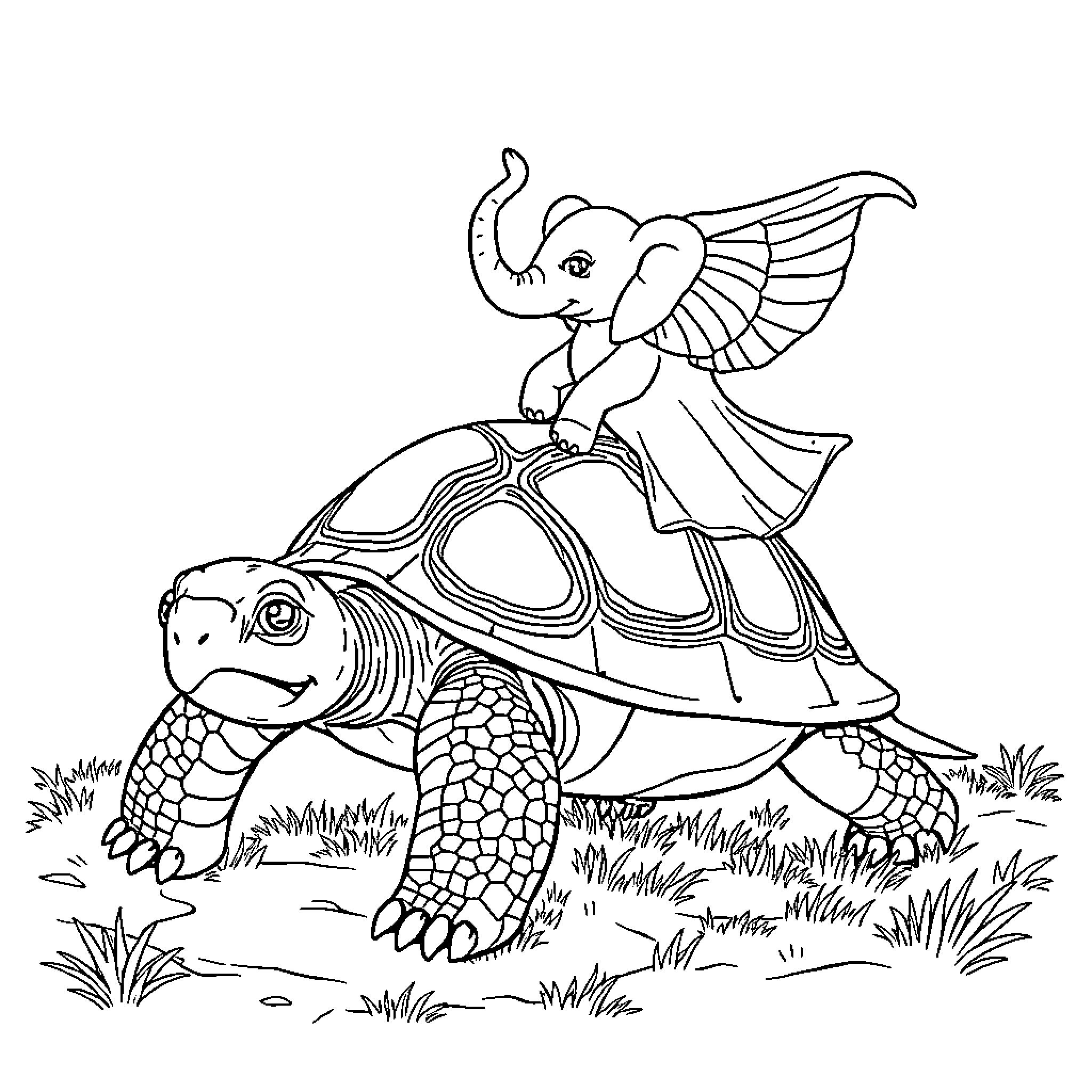 Turtle with Winged Elephant Riding on Its Back Coloring Page (free black-and-white line drawing printable PDF for all, from beginners to advanced learners, including children, teens, adults, and seniors)