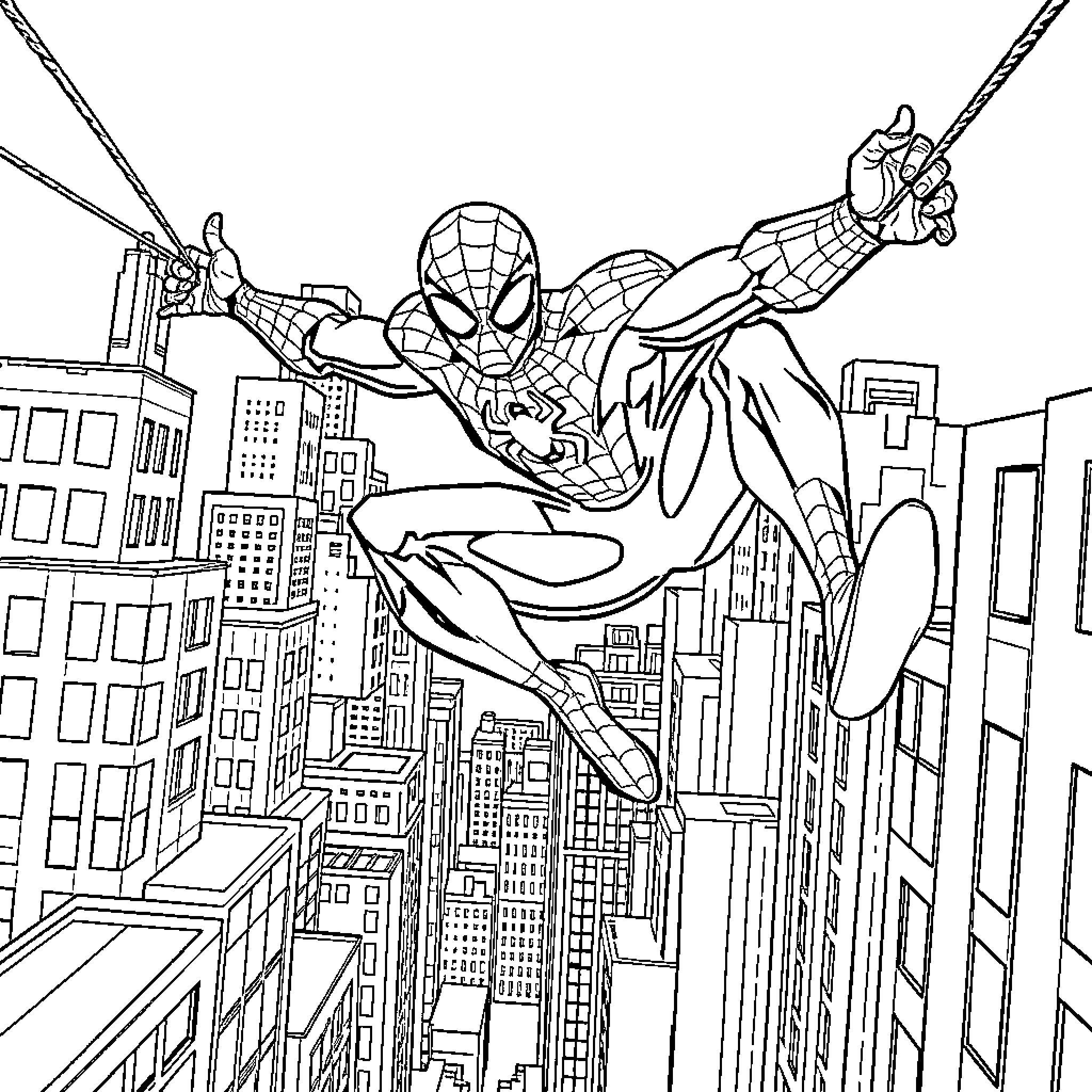 Spiderman swinging through the city skyline Coloring Page (free black-and-white line drawing printable PDF for all, from beginners to advanced learners, including children, teens, adults, and seniors)