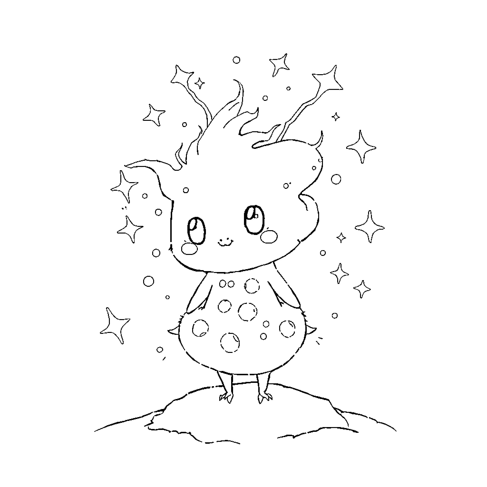Creature gazing at the starry night sky Coloring Page (free black-and-white line drawing printable PDF for all, from beginners to advanced learners, including children, teens, adults, and seniors)