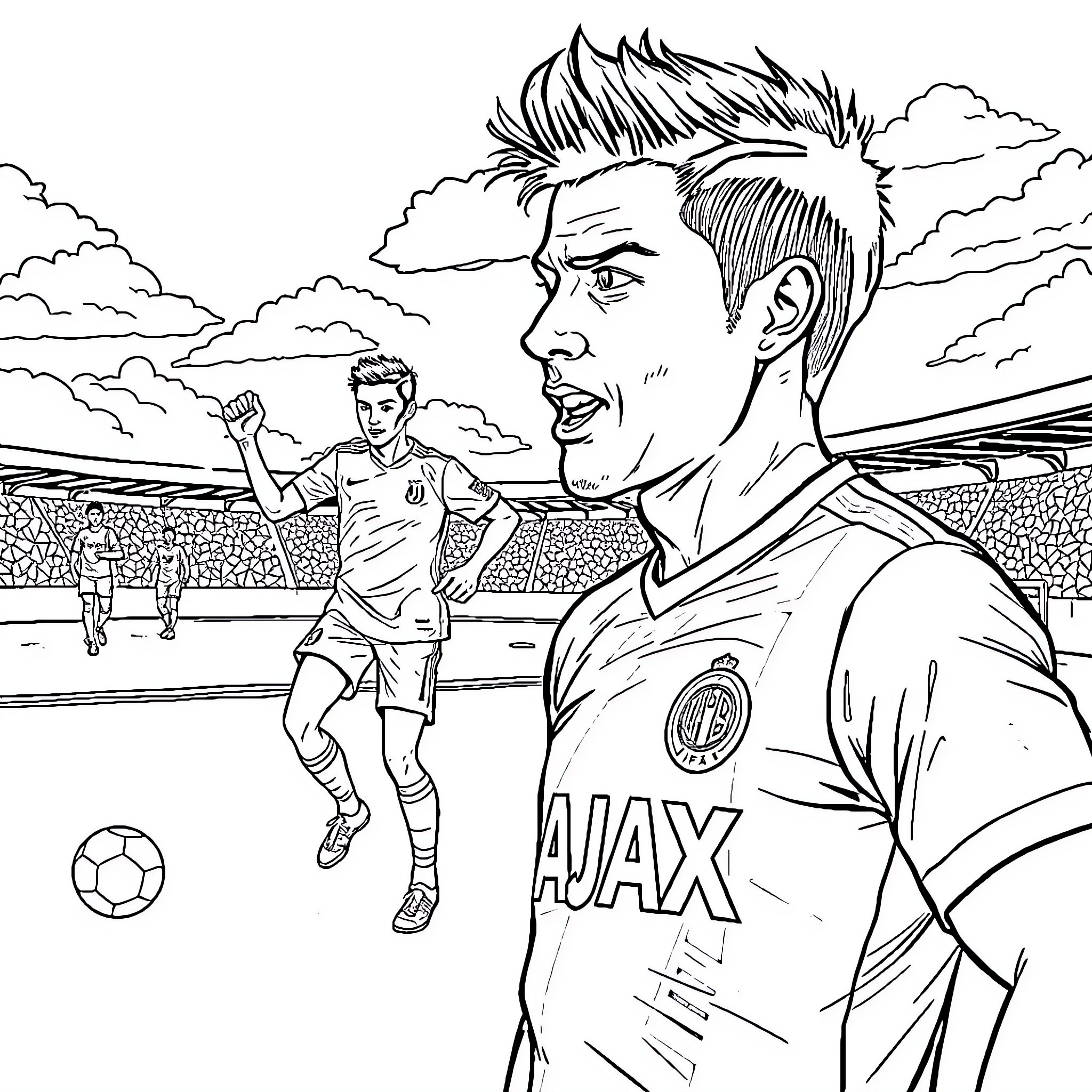 Football Players Celebrating on the Field Coloring Page (free black-and-white line drawing printable PDF for all, from beginners to advanced learners, including children, teens, adults, and seniors)