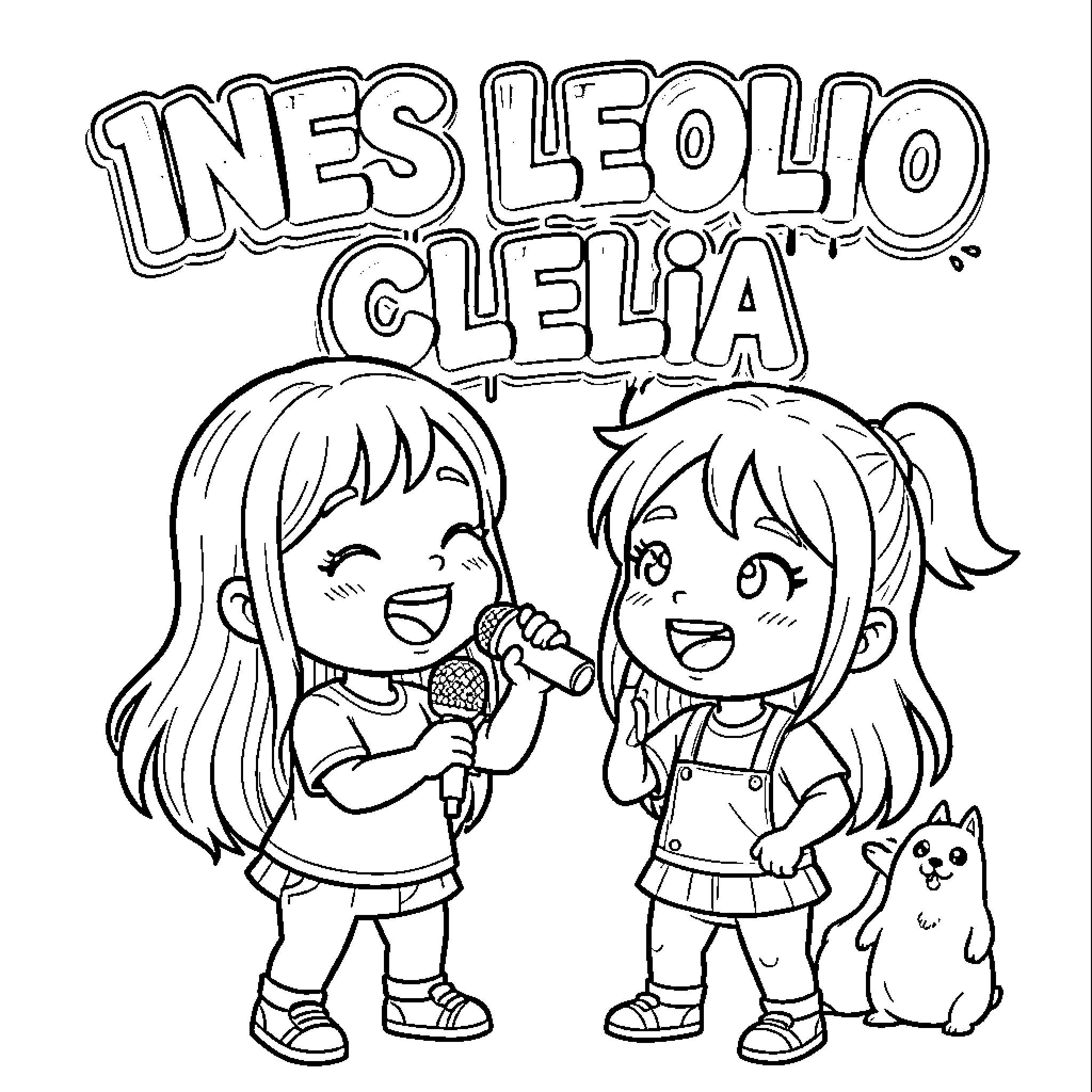 Girls singing and smiling with a cat Coloring Page (free black-and-white line drawing printable PDF for all, from beginners to advanced learners, including children, teens, adults, and seniors)