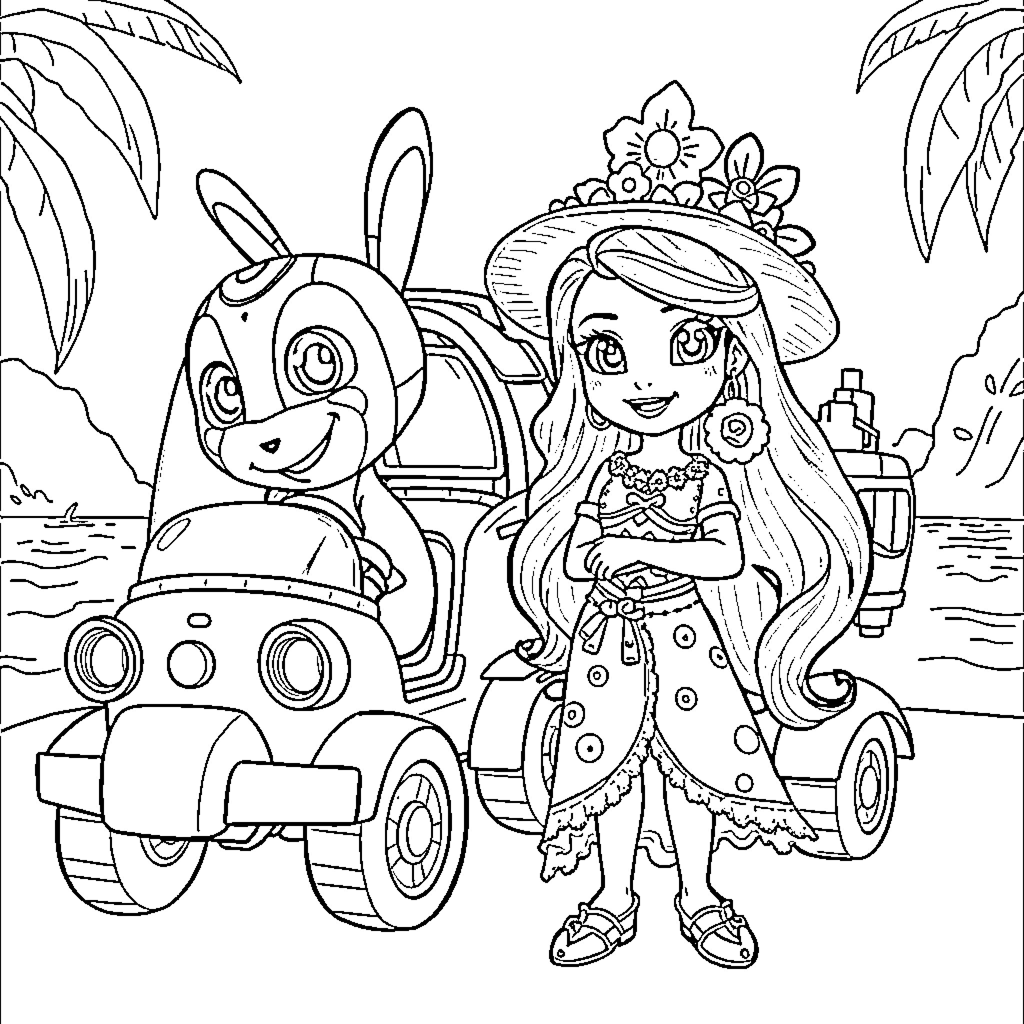 Paw Patrol and Moana playing together on a beach Coloring Page (free black-and-white line drawing printable PDF for all, from beginners to advanced learners, including children, teens, adults, and seniors)