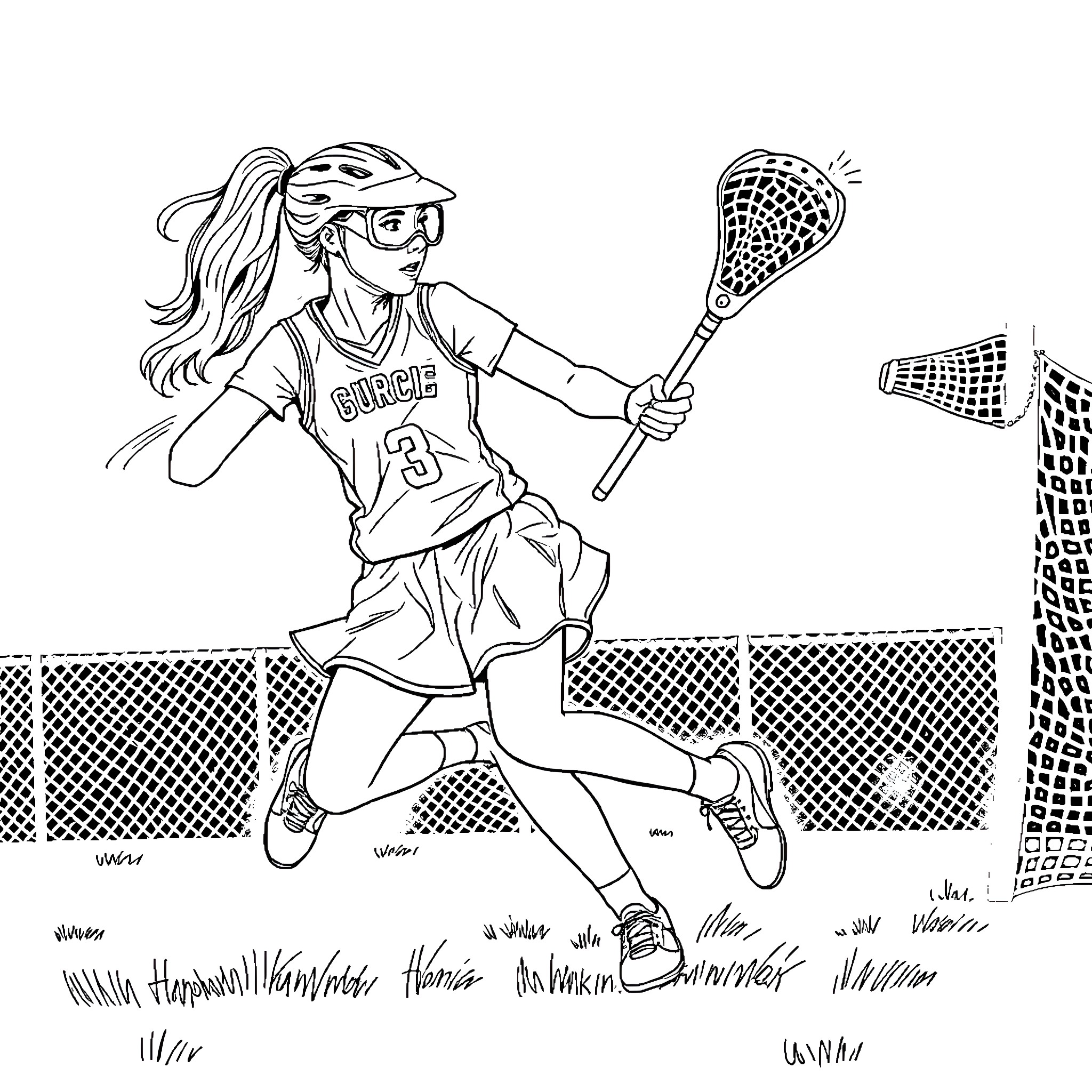 Girl playing lacrosse on the field Coloring Page (free black-and-white line drawing printable PDF for all, from beginners to advanced learners, including children, teens, adults, and seniors)