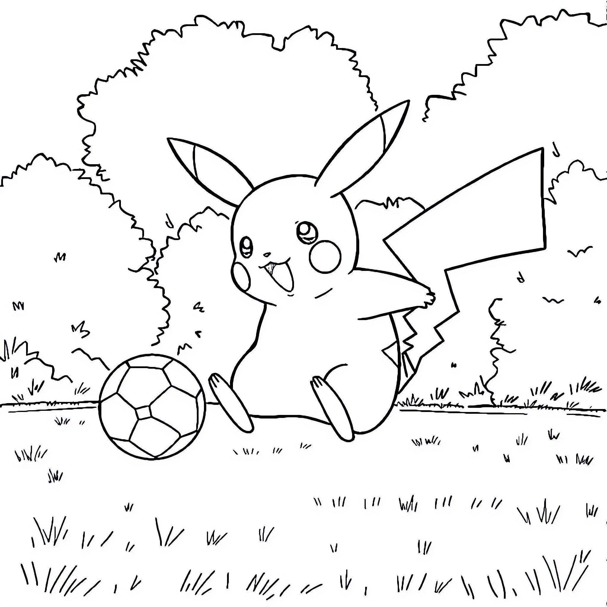 Pikachu playing with soccer ball in the park Coloring Page (free black-and-white line drawing printable PDF for all, from beginners to advanced learners, including children, teens, adults, and seniors)