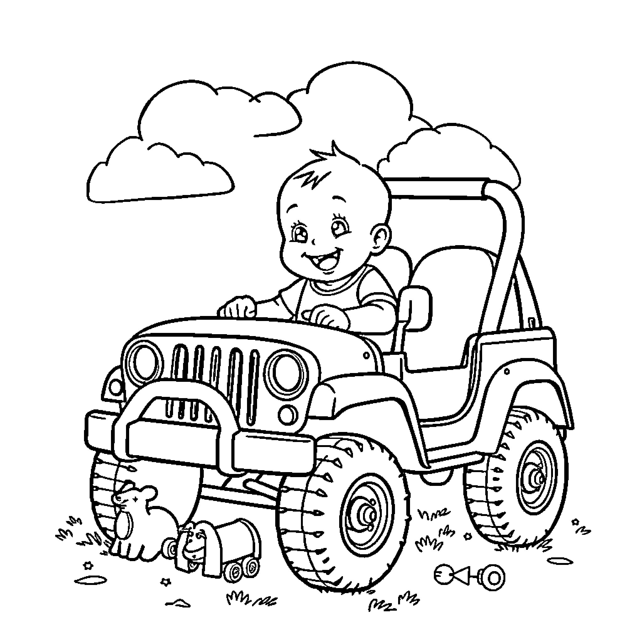 Baby driving a toy jeep in the park Coloring Page (free black-and-white line drawing printable PDF for all, from beginners to advanced learners, including children, teens, adults, and seniors)
